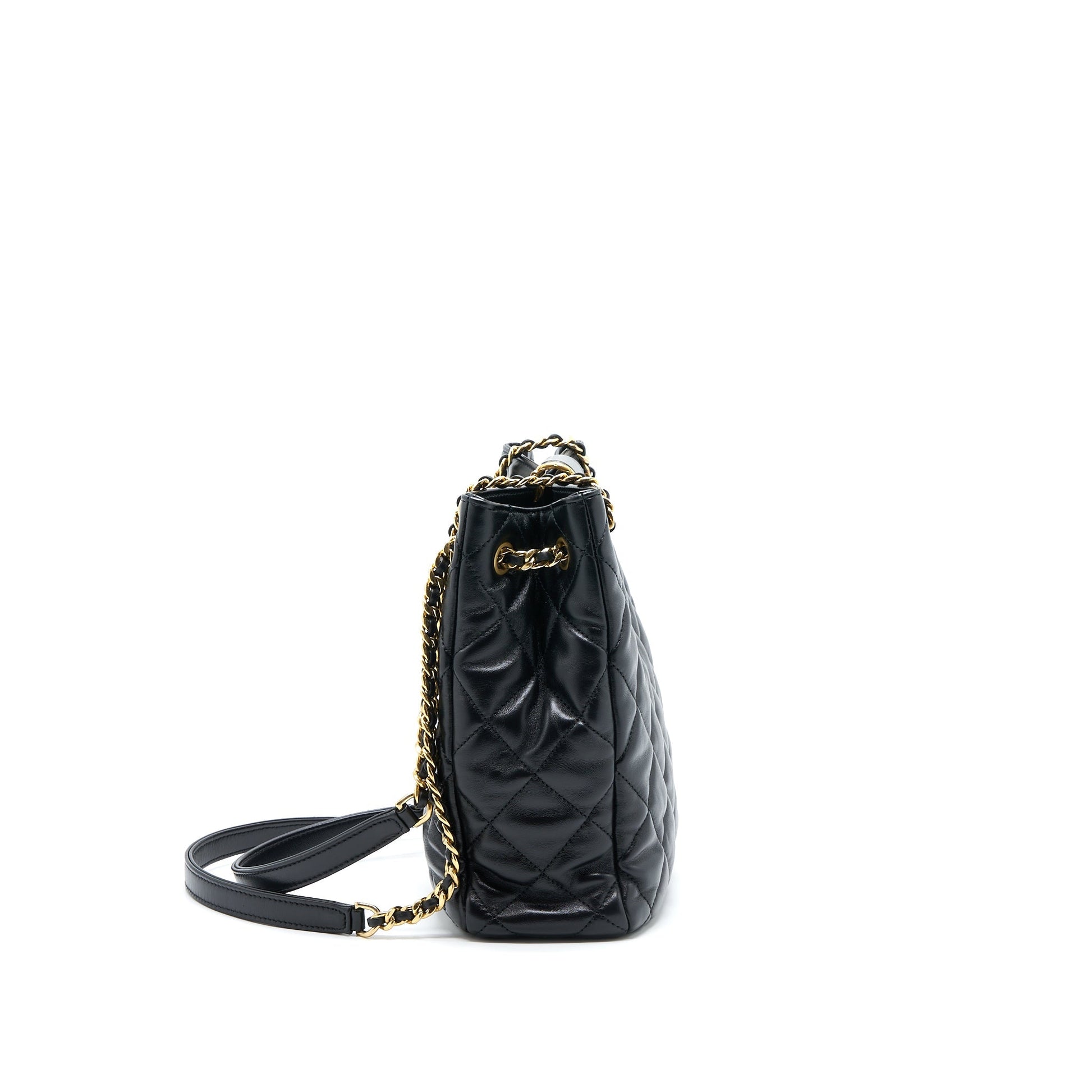 Chanel Seasonal Lambskin Brushed GHW Microchip Black Tote Bag