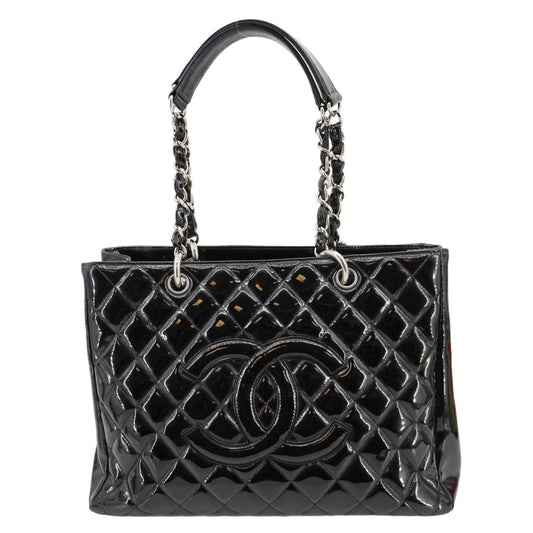 Chanel Grand Shopping Patent Quilted Leather GST Tote Bag Black