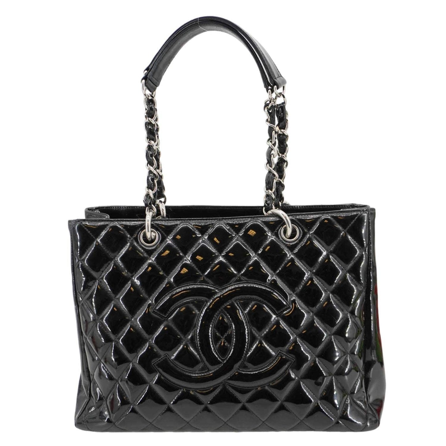 Chanel Grand Shopping Patent Quilted Leather Gst Tote Bag Black