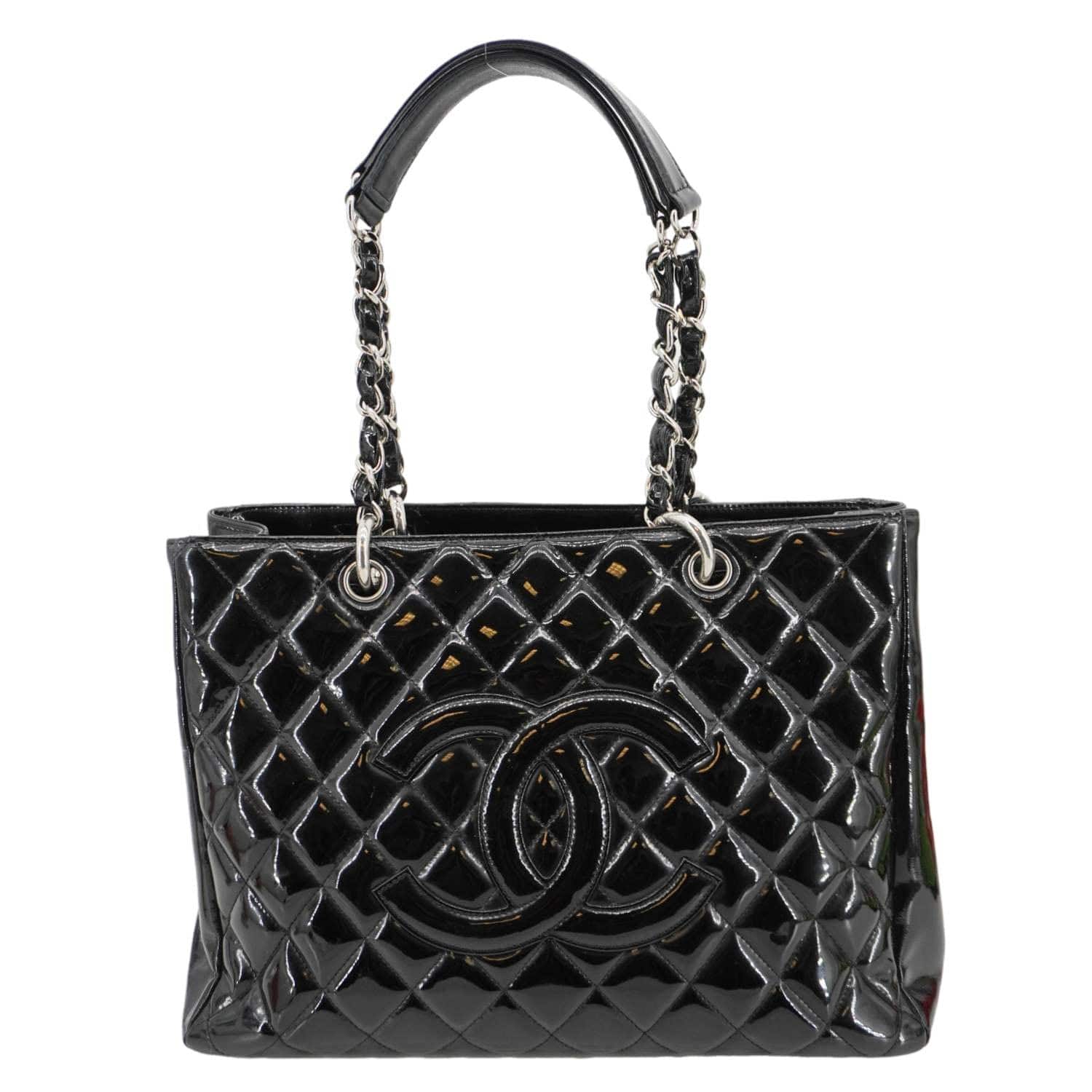Chanel Grand Shopping Patent Quilted Leather Gst Tote Bag Black