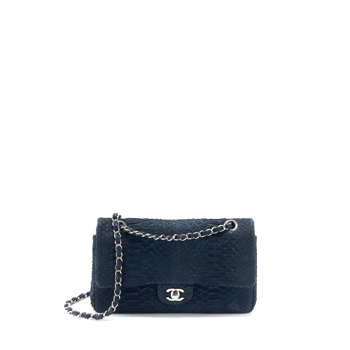 Chanel Classic Double Flap Python Dark SHW Brown Blue Shoulder Bag