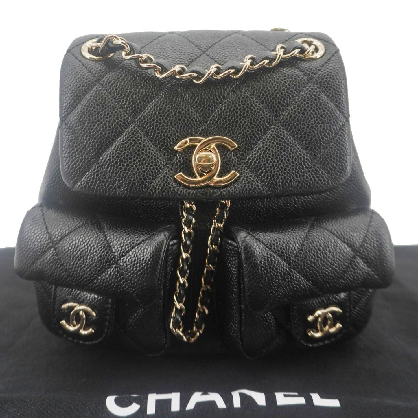 Chanel Duma Pockets Quilted Caviar Drawstring Leather Black Jewelry