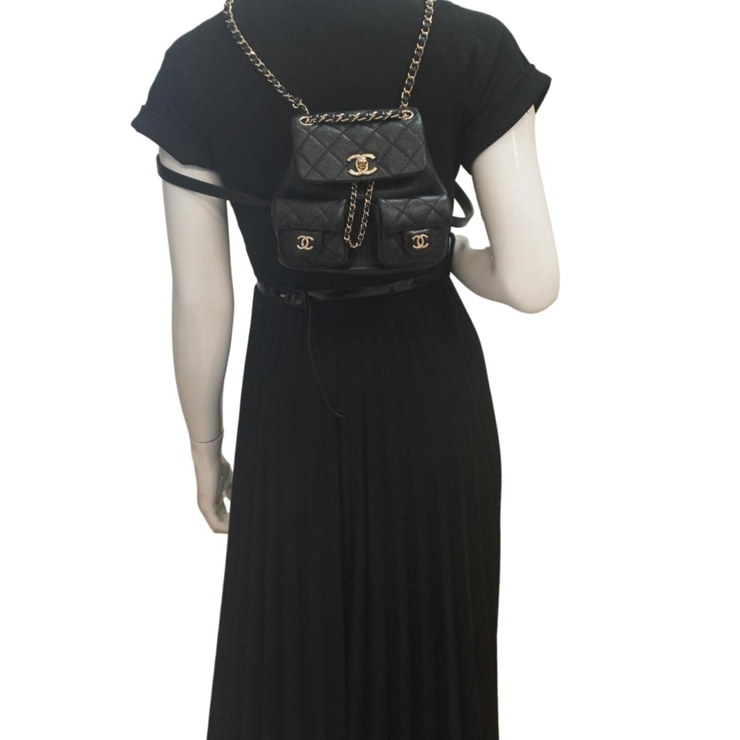 Chanel Duma Pockets Quilted Caviar Drawstring Leather Black Jewelry