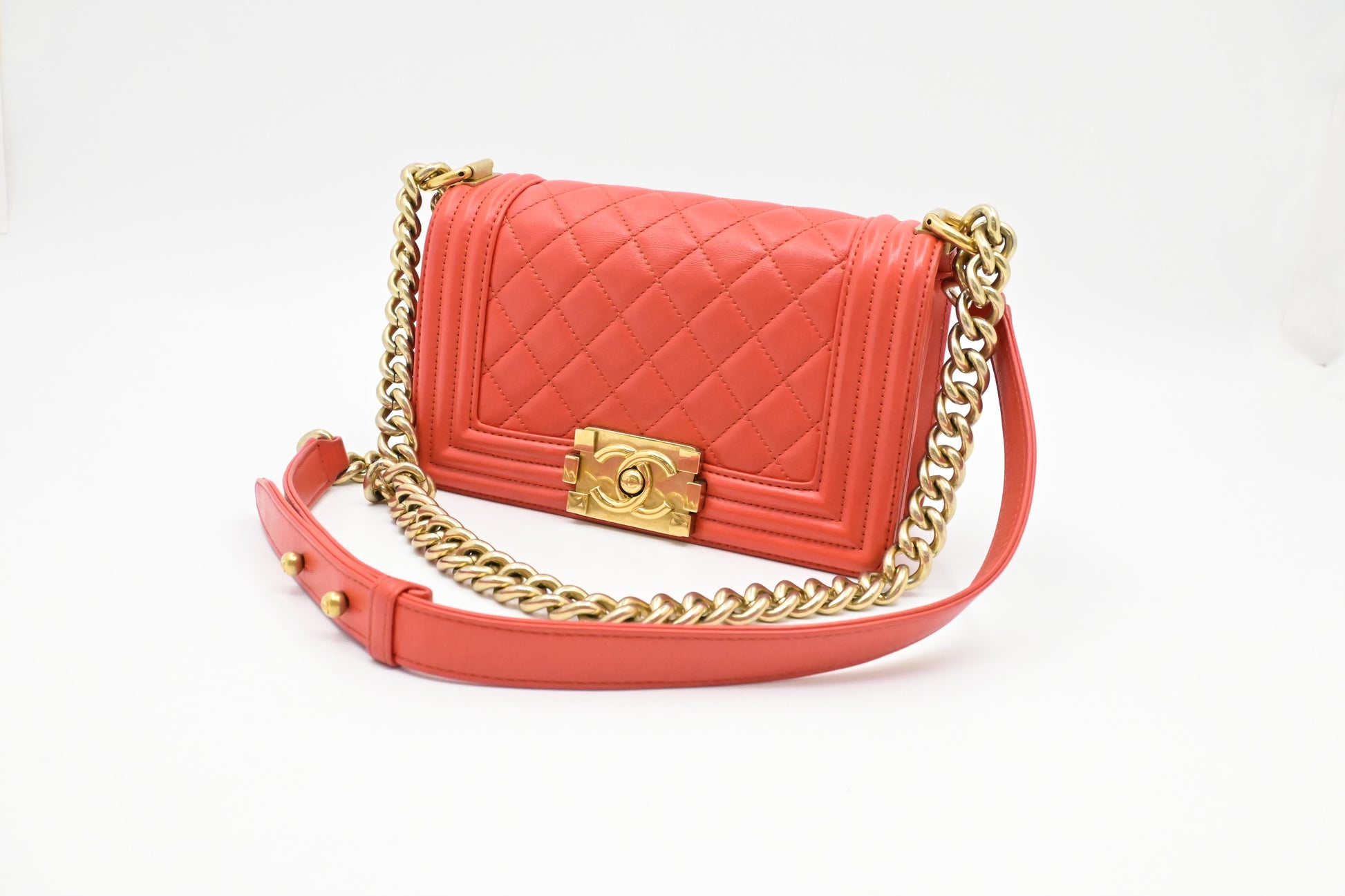Chanel Boy Red Orange Small Leather Handbag