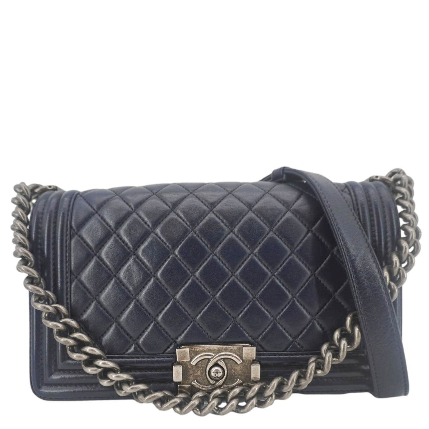 Chanel Boy Flap Quilted Navy Leather Lambskin Blue Travel Bag