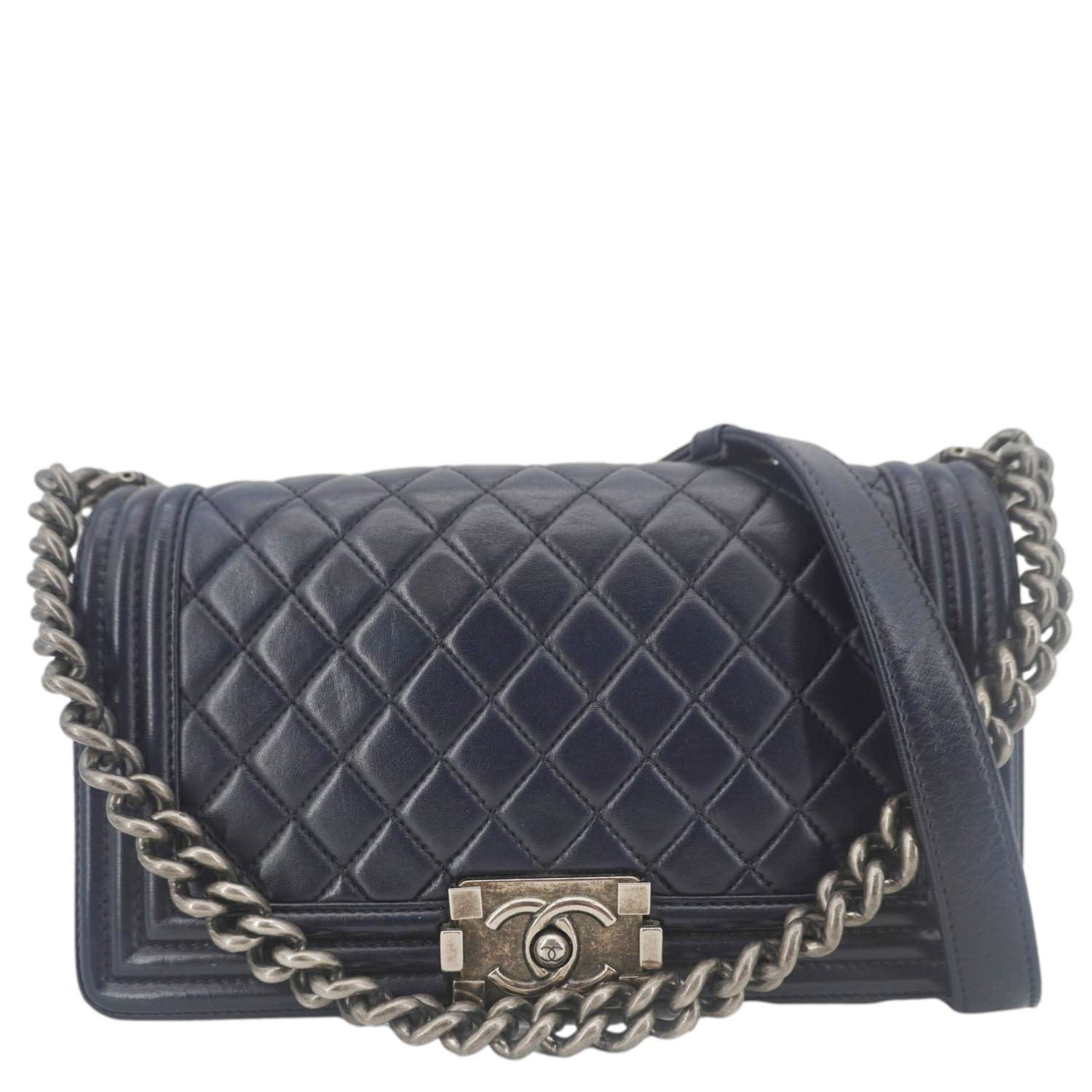 Chanel Boy Flap Quilted Navy Leather Lambskin Blue Travel Bag