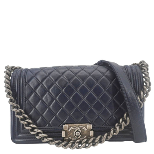 Chanel Boy Flap Quilted Navy Leather Lambskin Blue Travel Bag