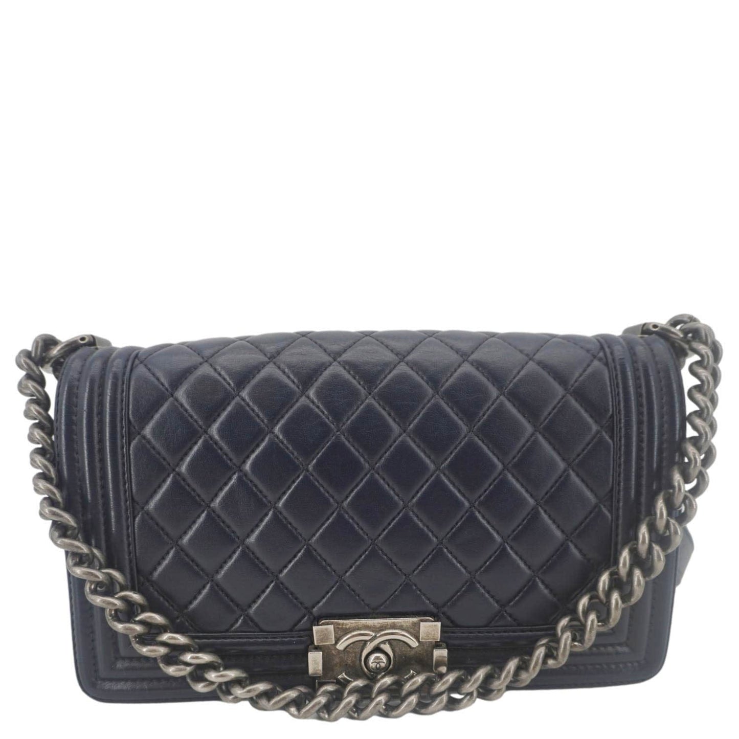 Chanel Boy Flap Quilted Navy Leather Lambskin Blue Travel Bag
