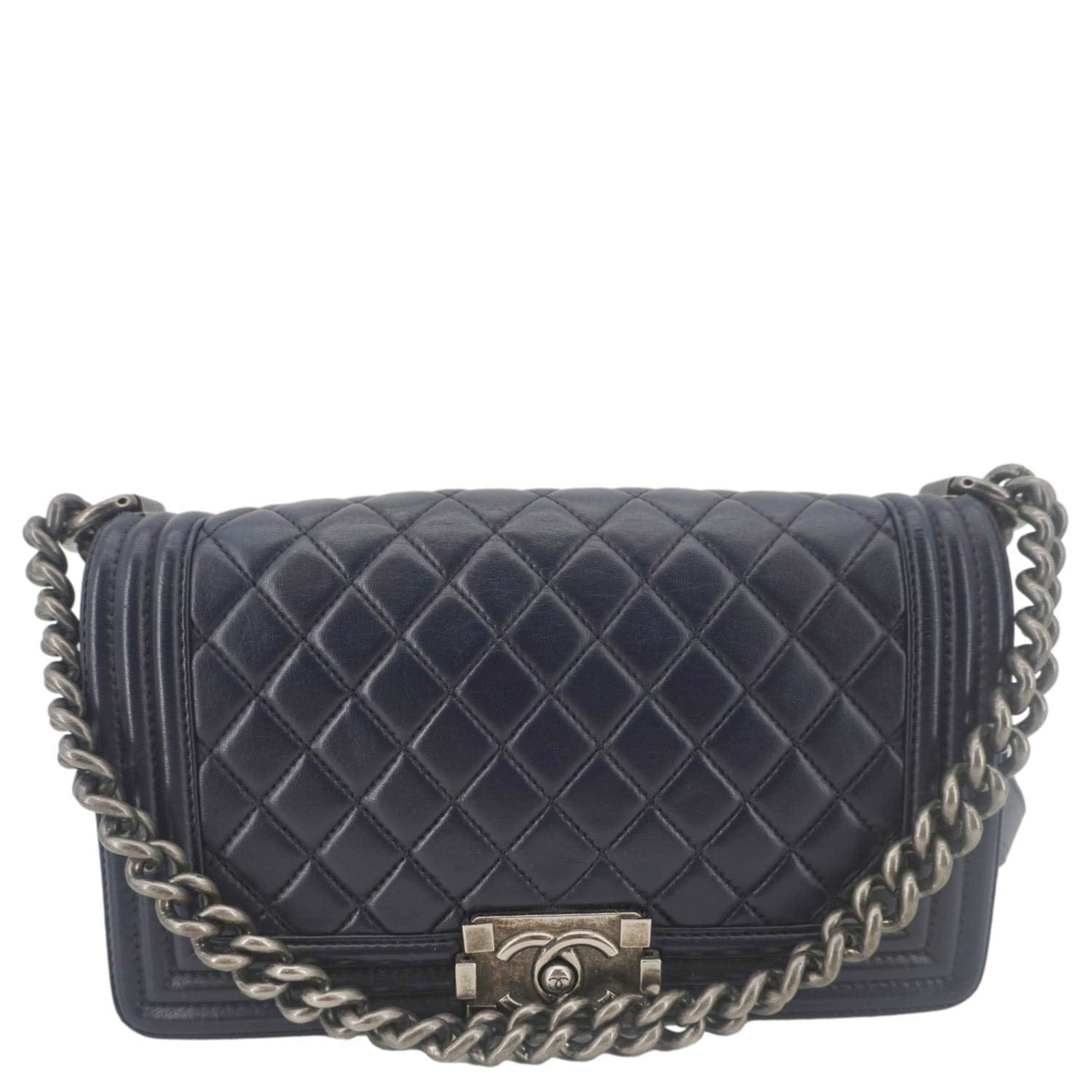 Chanel Boy Flap Quilted Navy Leather Lambskin Blue Travel Bag