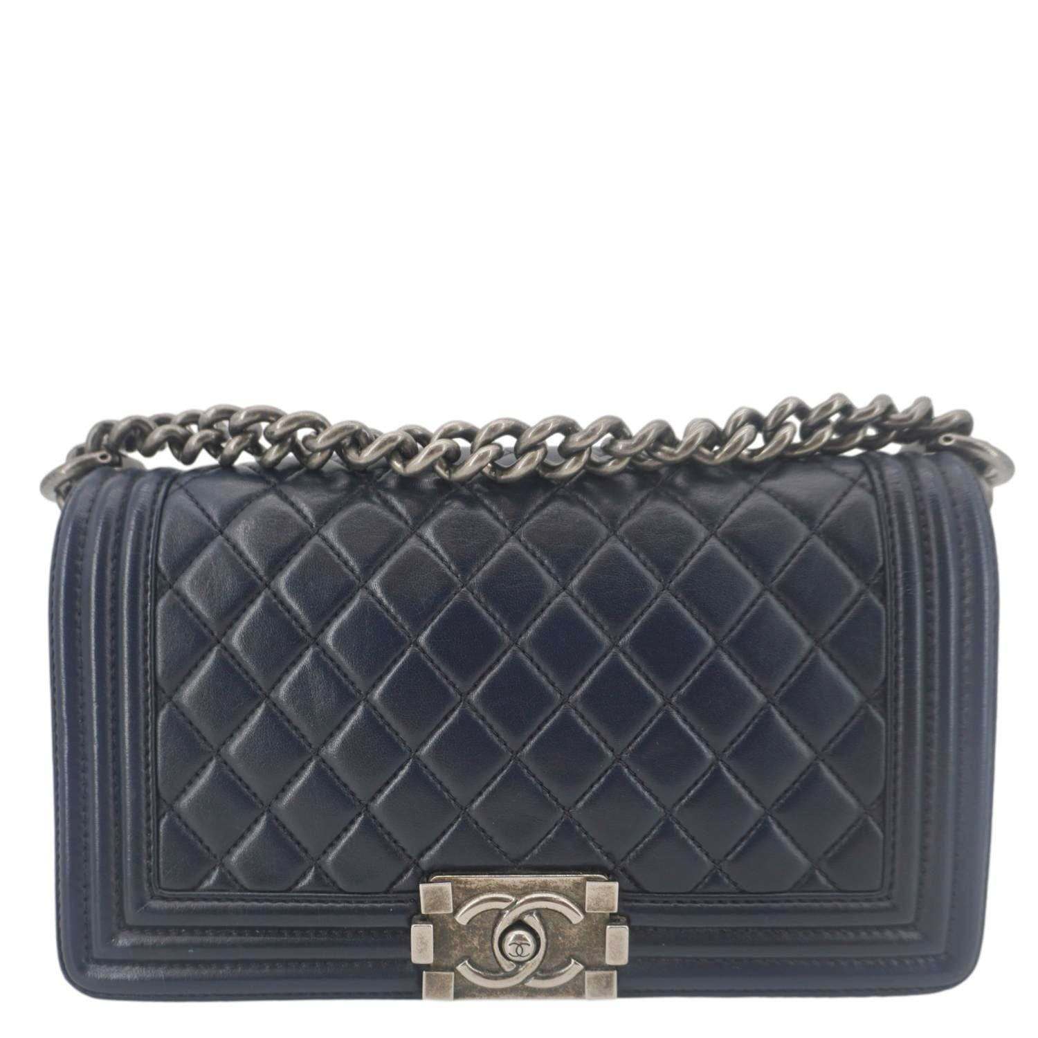 Chanel Boy Flap Quilted Navy Leather Lambskin Blue Travel Bag