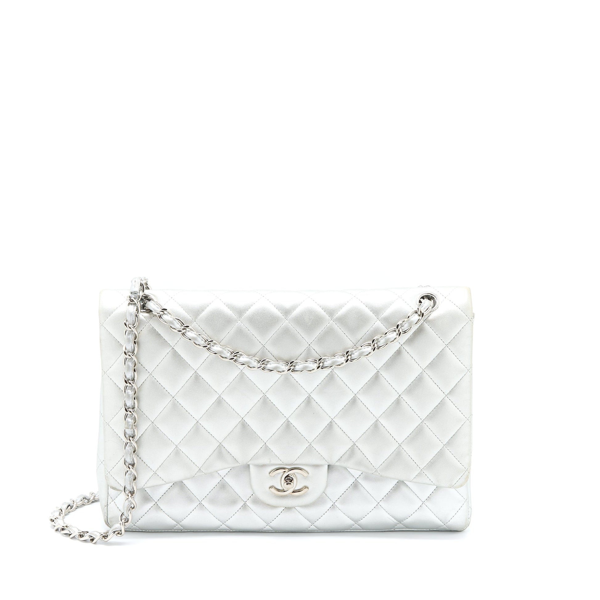 Chanel Maxi Classic Single Flap Lambskin SHW Silver Shoulder Bag