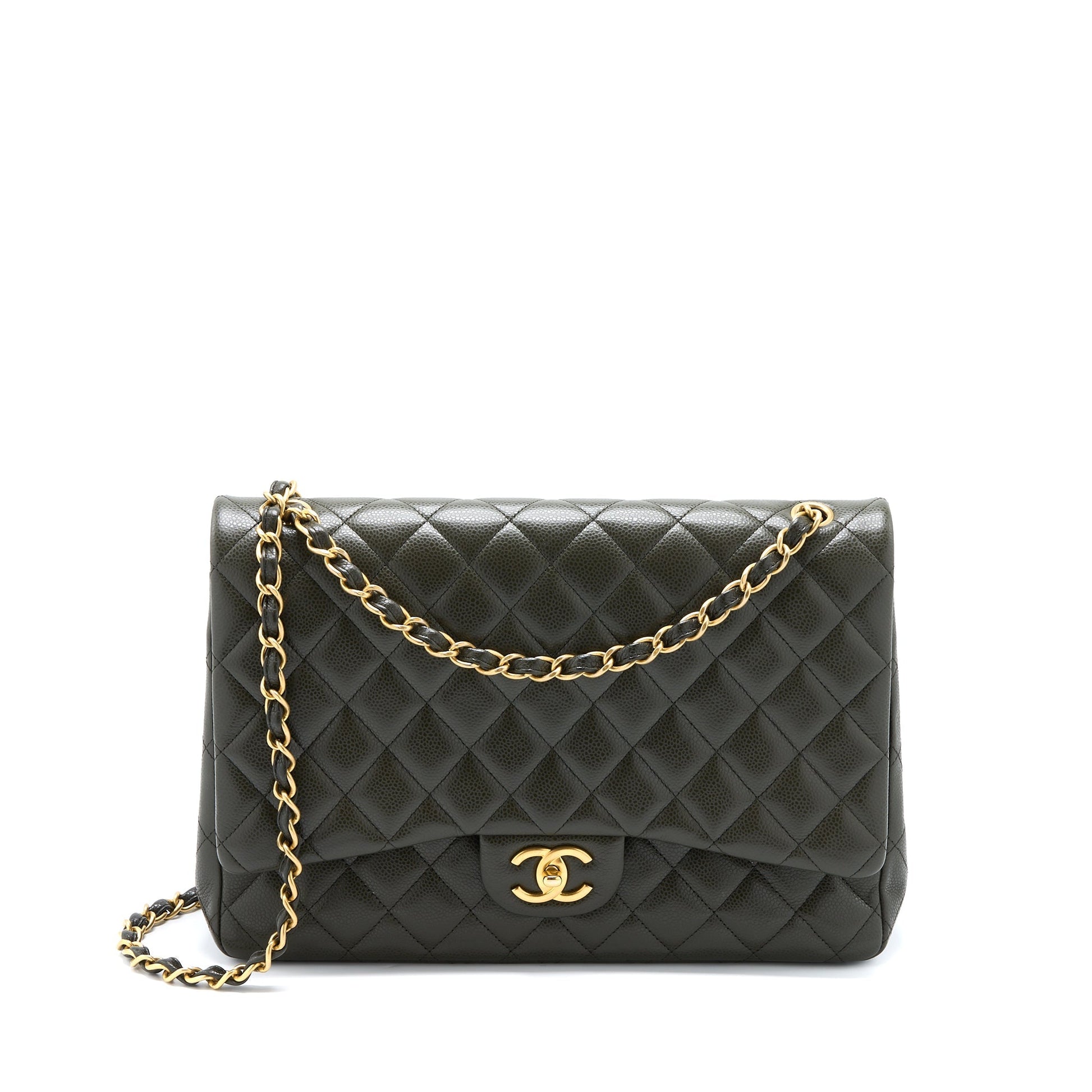 Chanel Maxi Classic Double Flap Caviar Olive Green Shoulder Bag