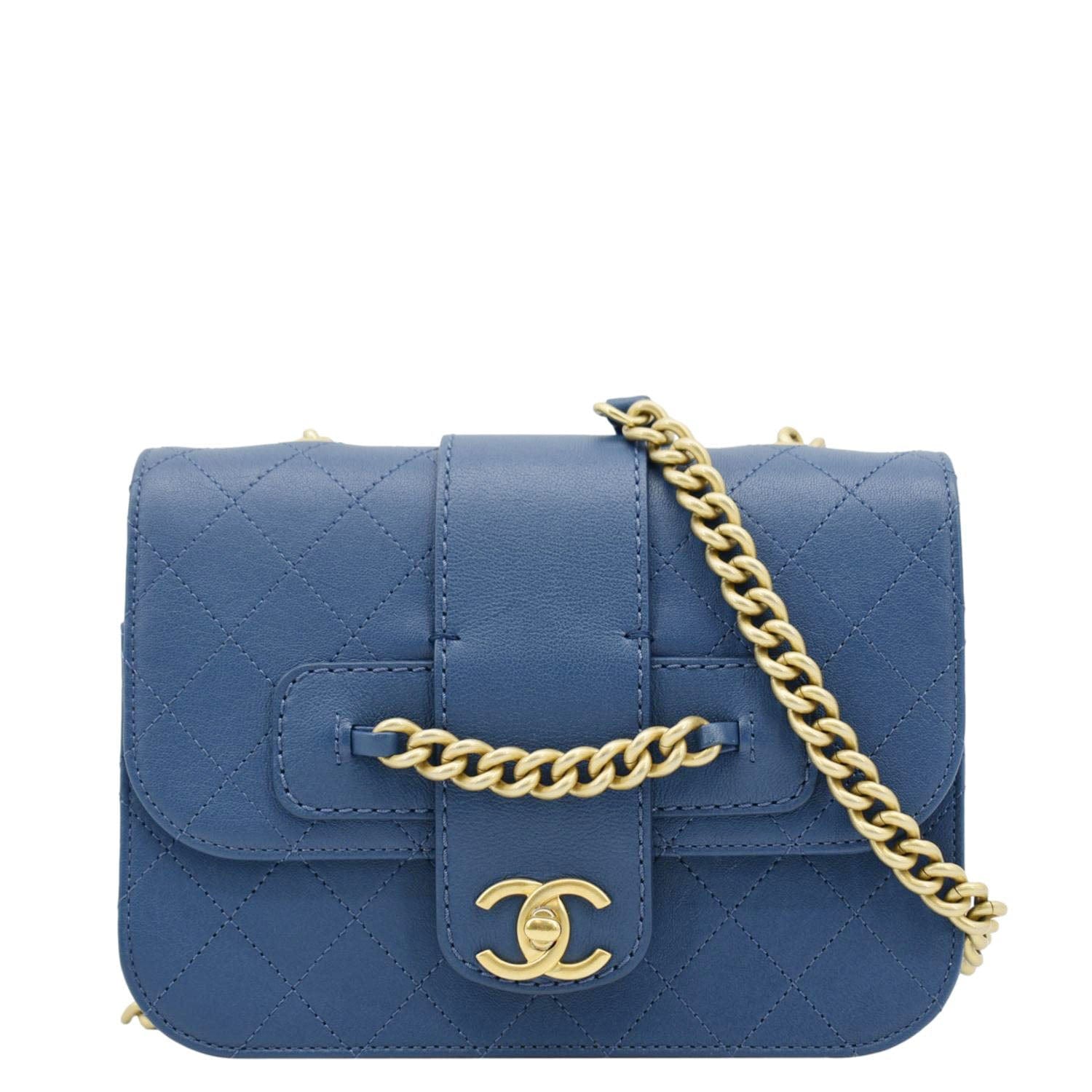 Chanel Front Flap Quilted Leather Blue Travel Bag