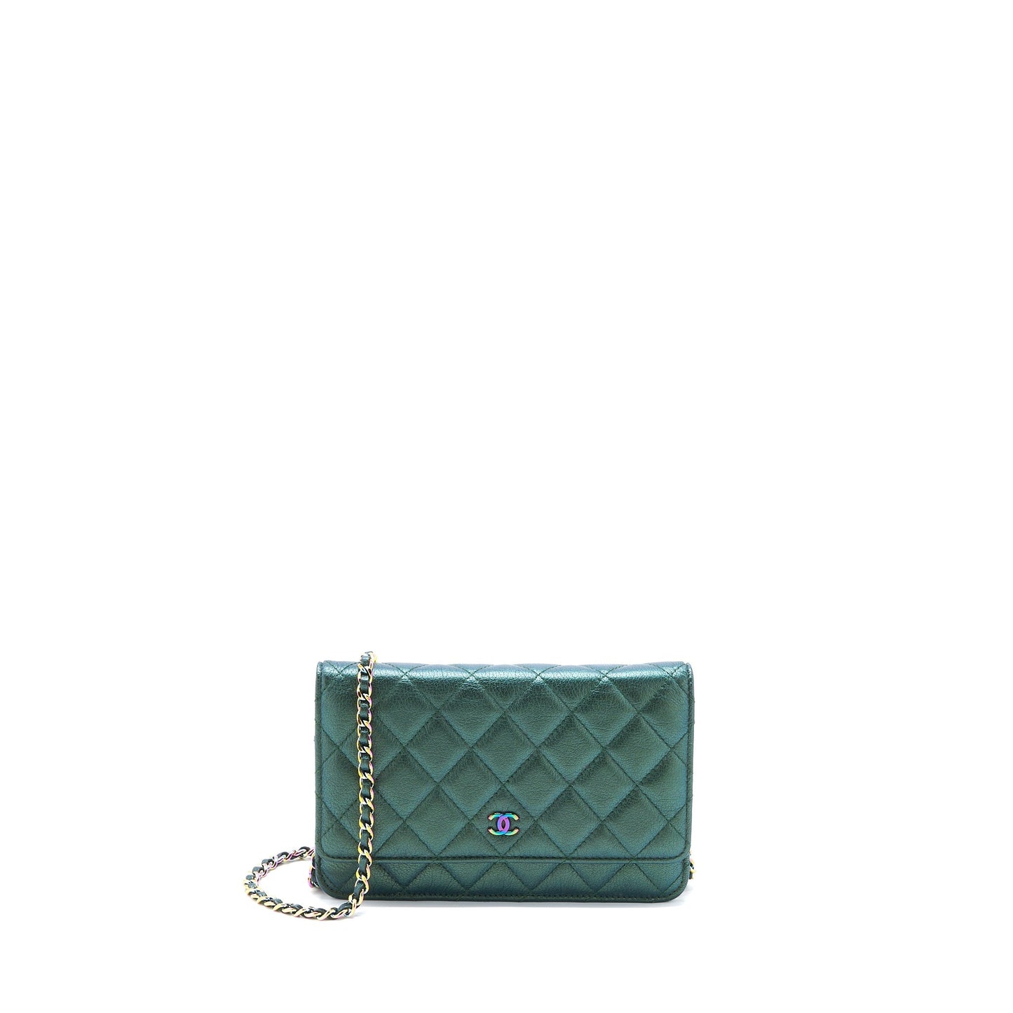 Chanel Classic on Goatskin Iridescent Rainbow Hardware Green Wallet Case