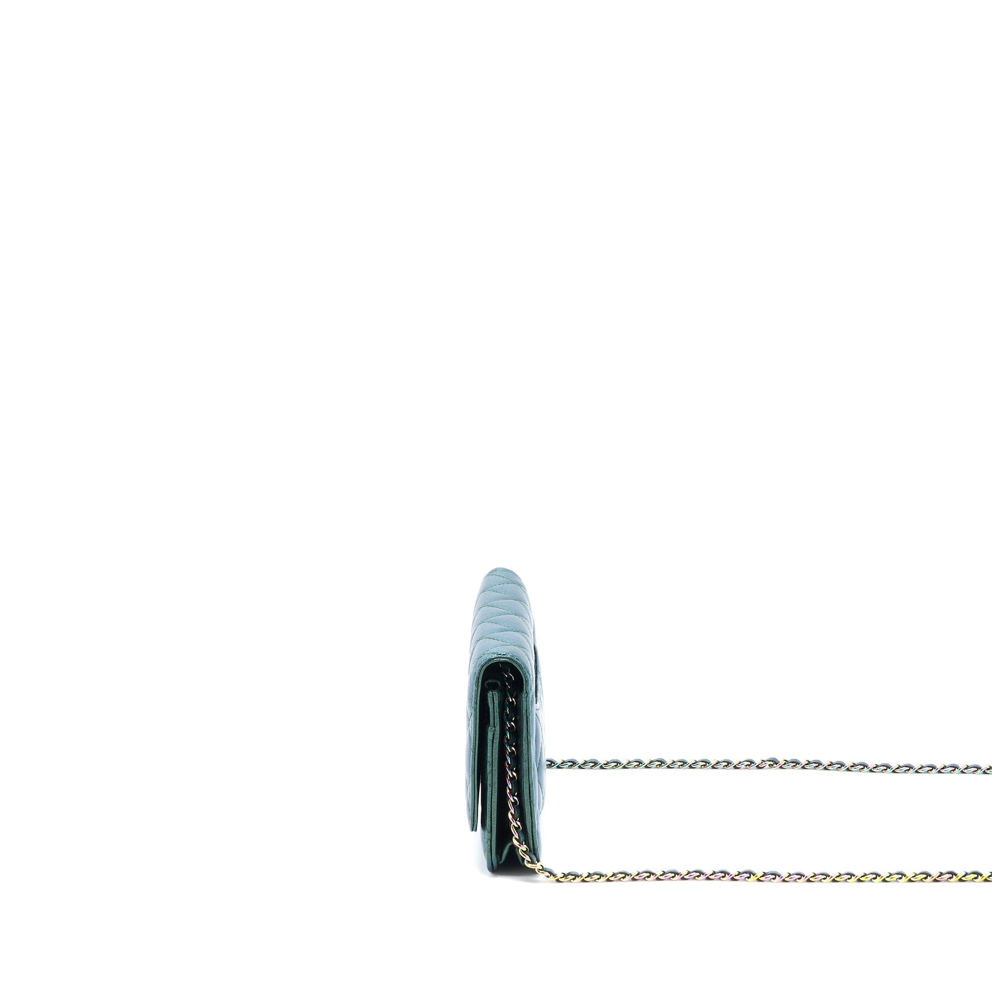 Chanel Classic on Goatskin Iridescent Rainbow Hardware Green Wallet Case