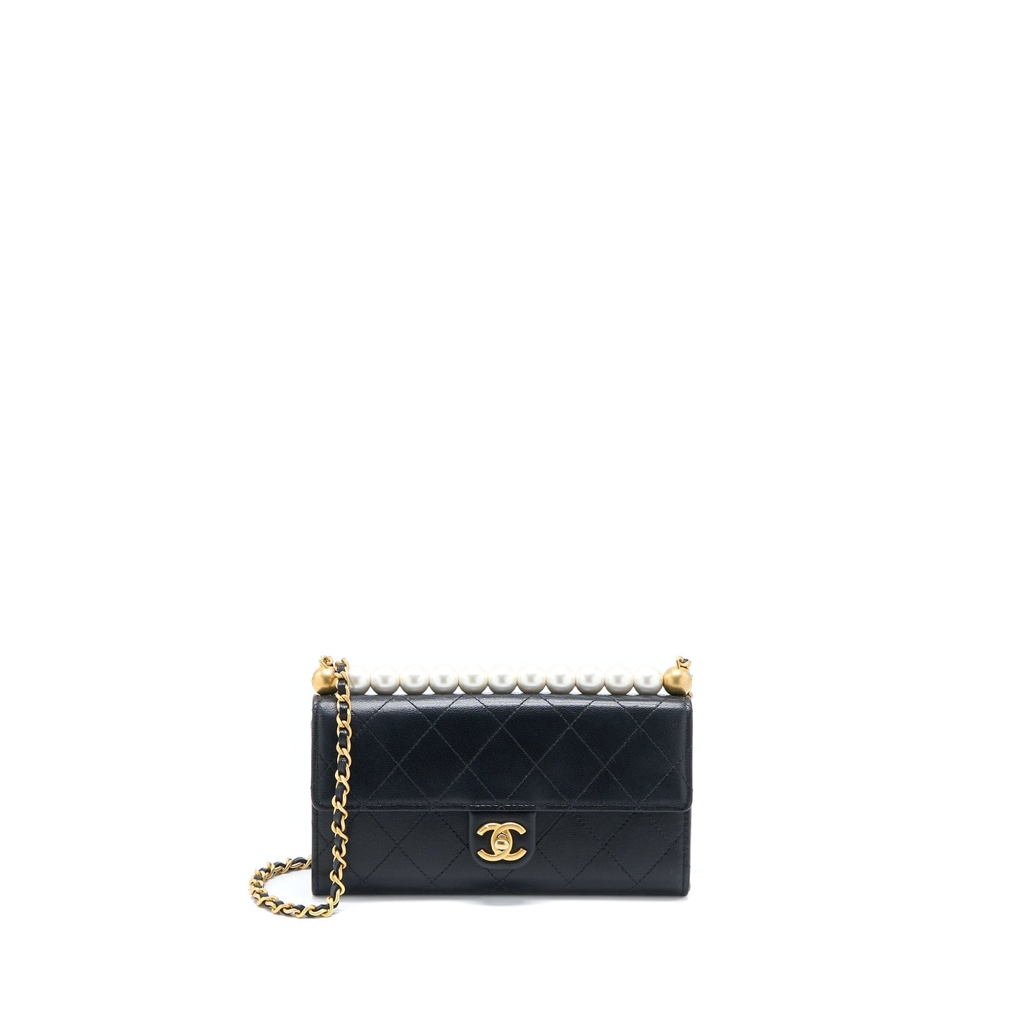 Chanel Pearl Flap on Goatskin GHW Black Wallet Case