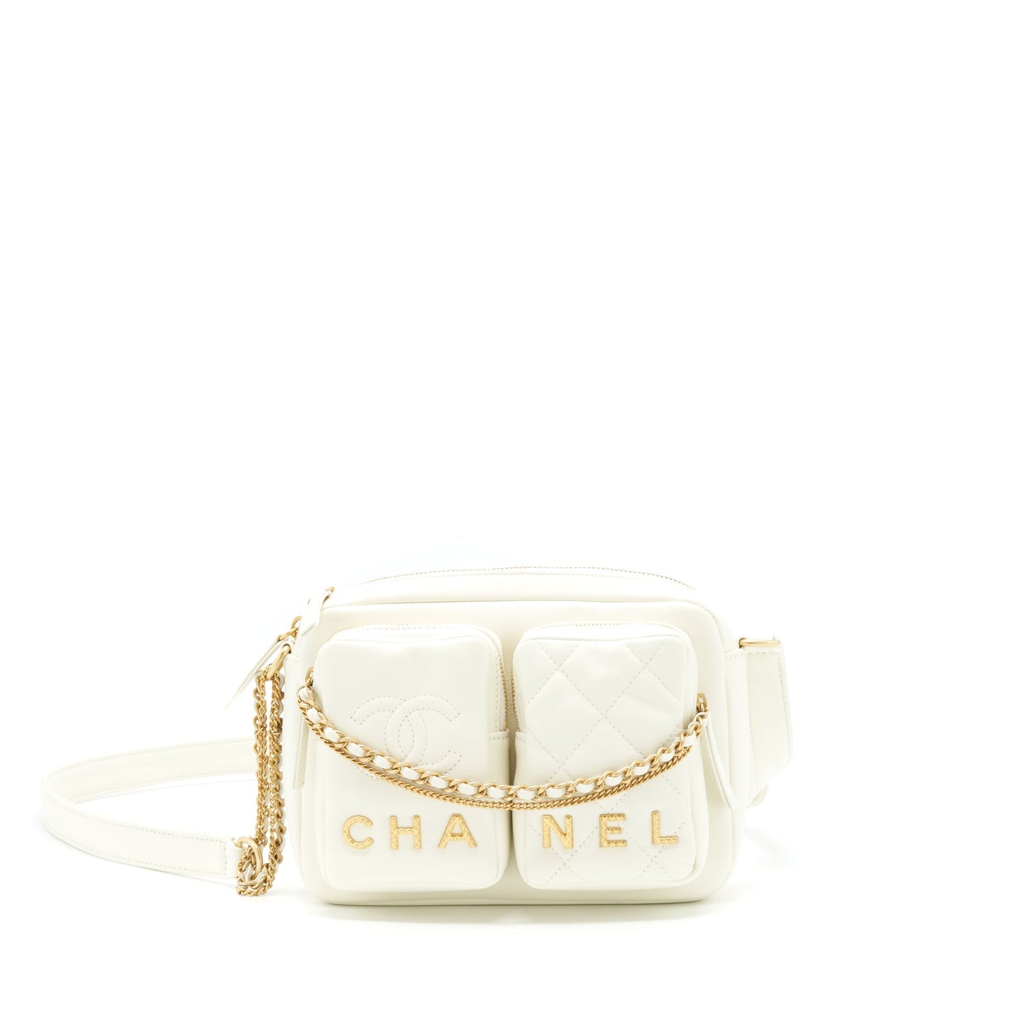 Chanel 22C Camera calfskin GHW Microchip White Crossbody Bag