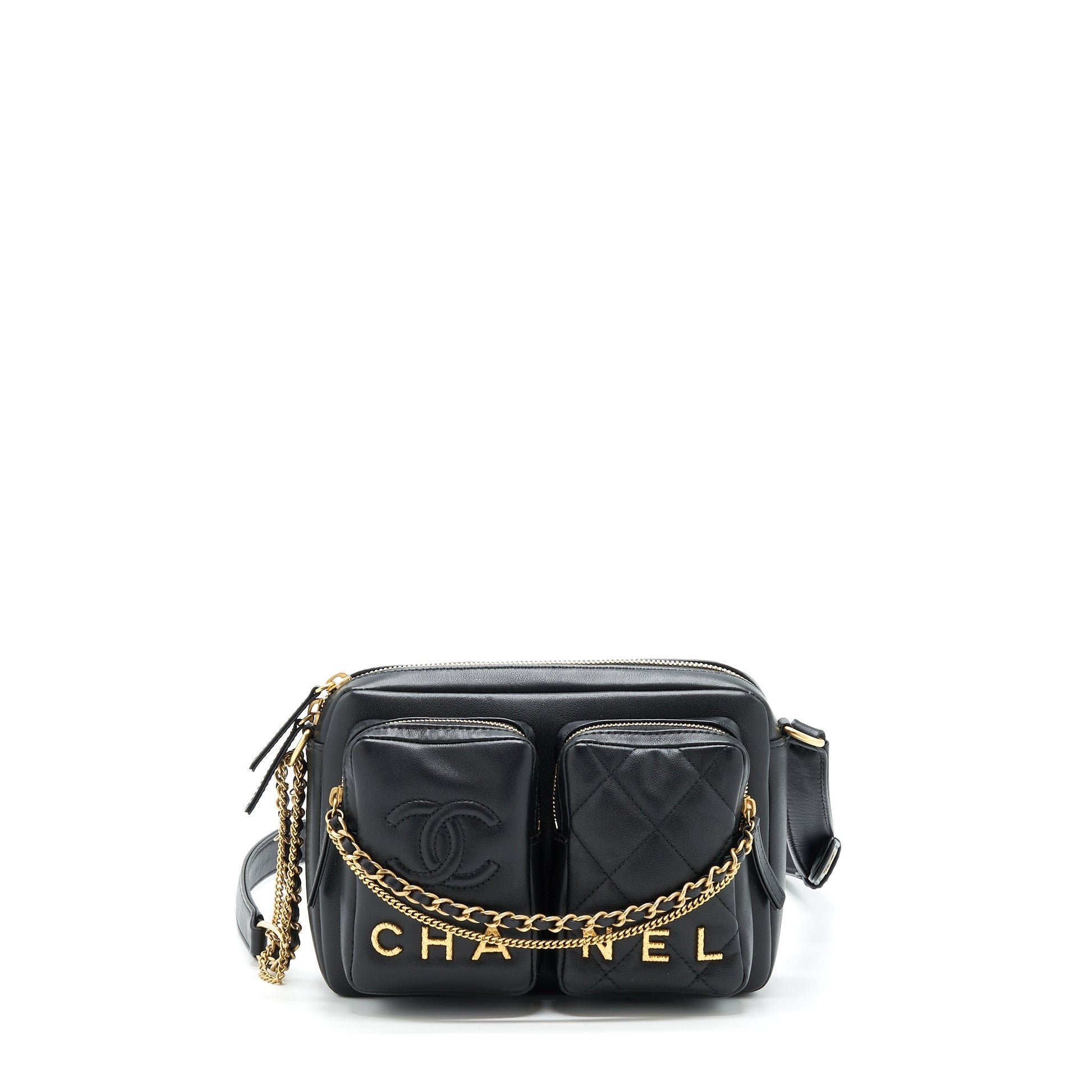 Chanel 22C Camera Calfskin GHW Microchip Black Crossbody Bag