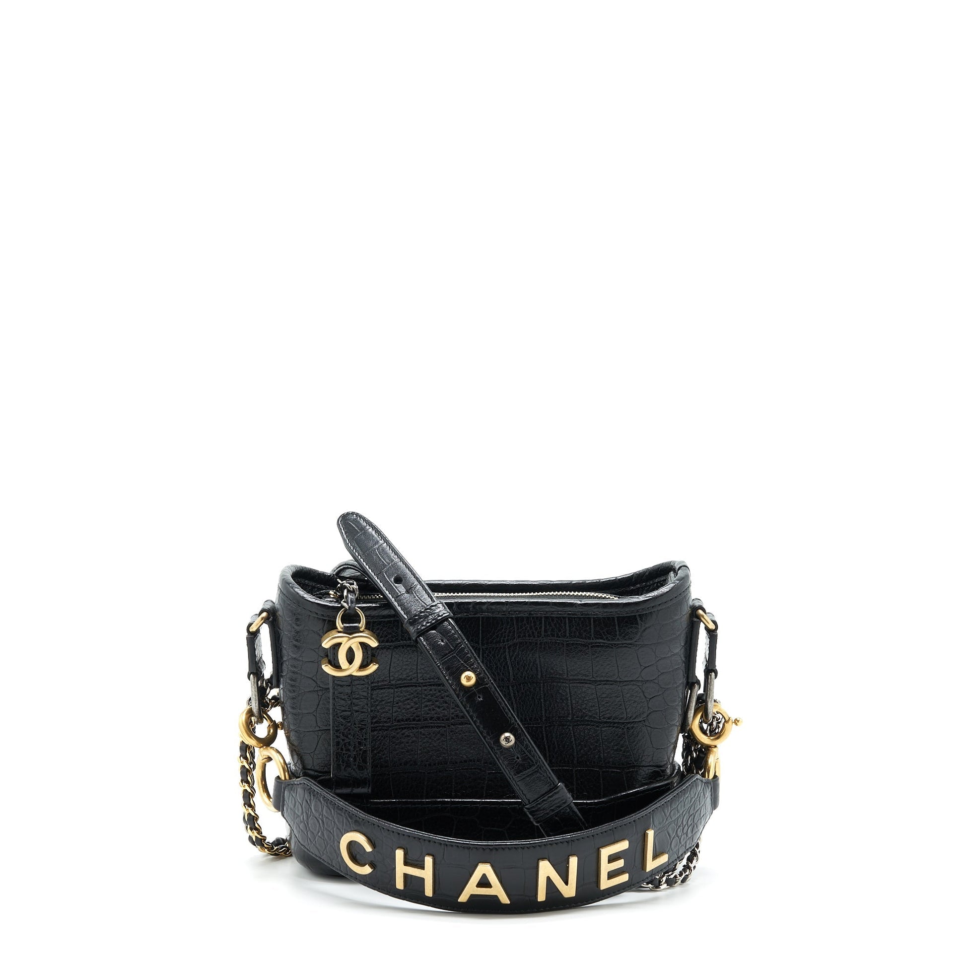 Chanel Gabrielle Hobo Crocodile Embossed Calfskin Hardware Multicolour Black Small Shoulder Bag