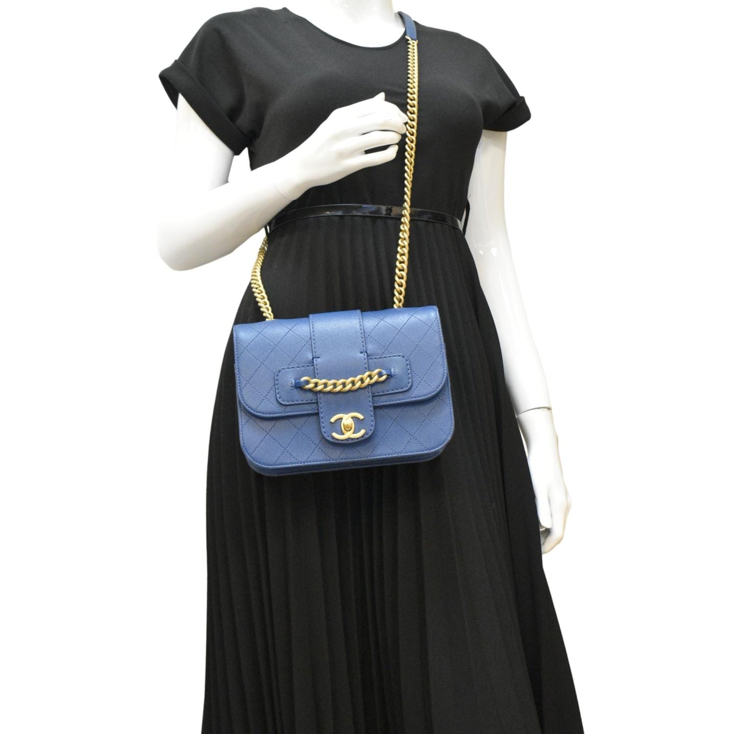 Chanel Front Flap Quilted Leather Blue Travel Bag