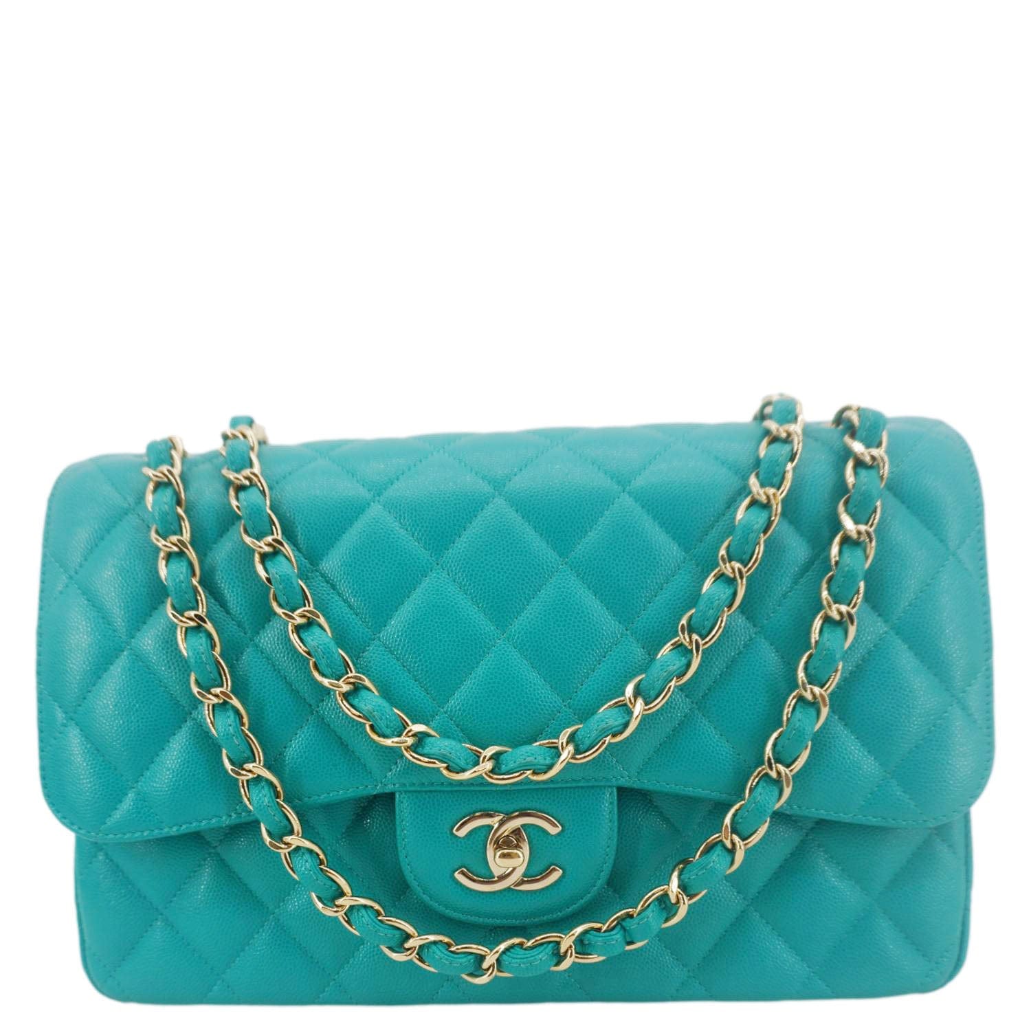 Chanel Classic Double Flap Jumbo Quilted Leather Travel Bag Flap Turquoise
