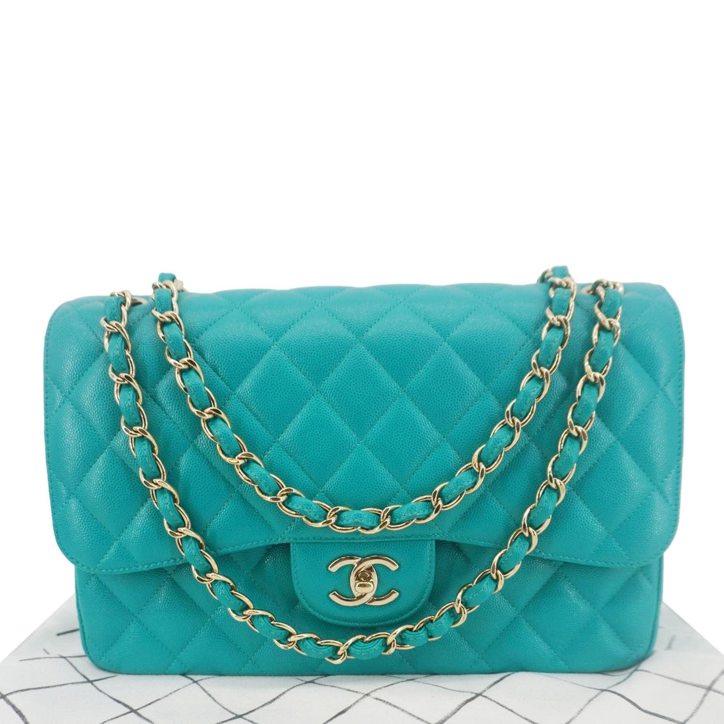 Chanel Classic Double Flap Jumbo Quilted Leather Travel Bag Flap Turquoise