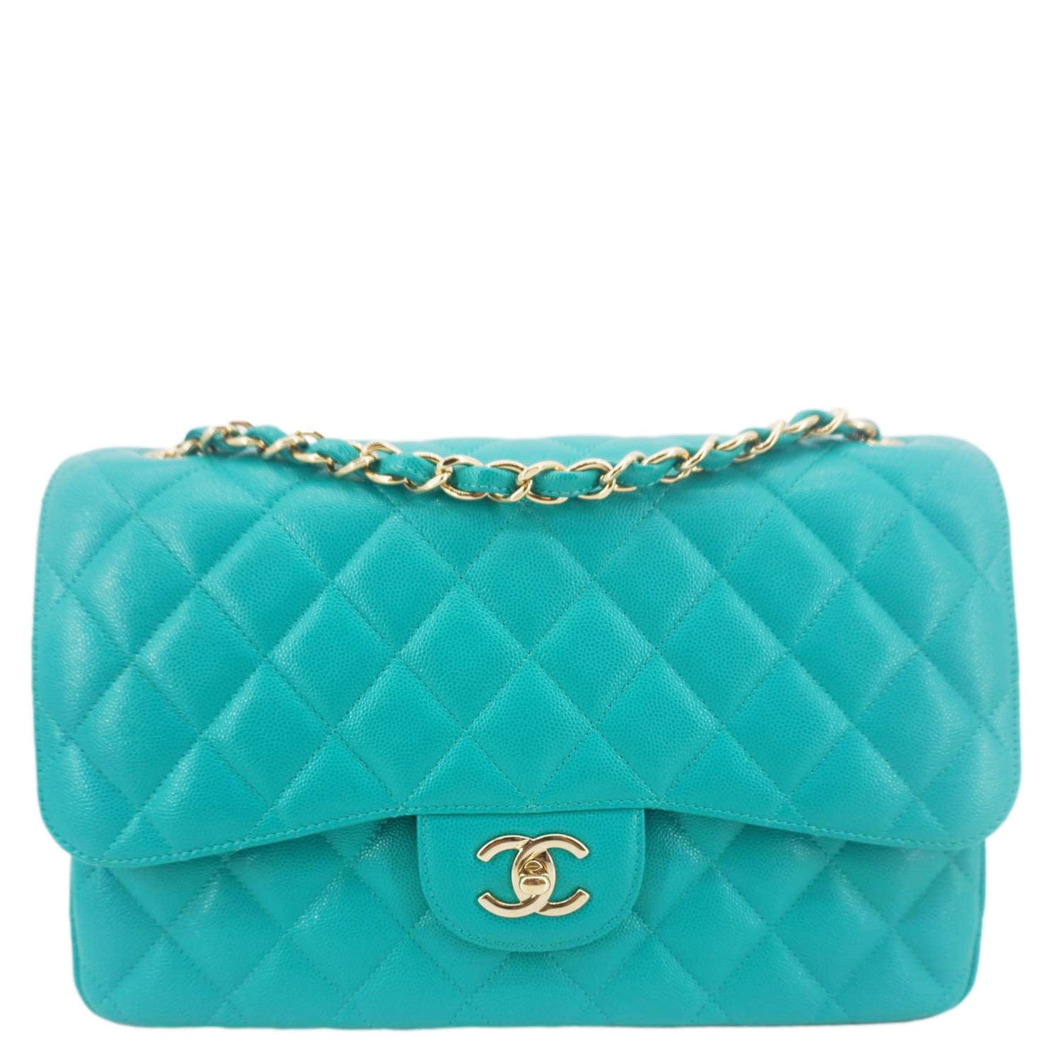 Chanel Classic Double Flap Jumbo Quilted Leather Travel Bag Flap Turquoise