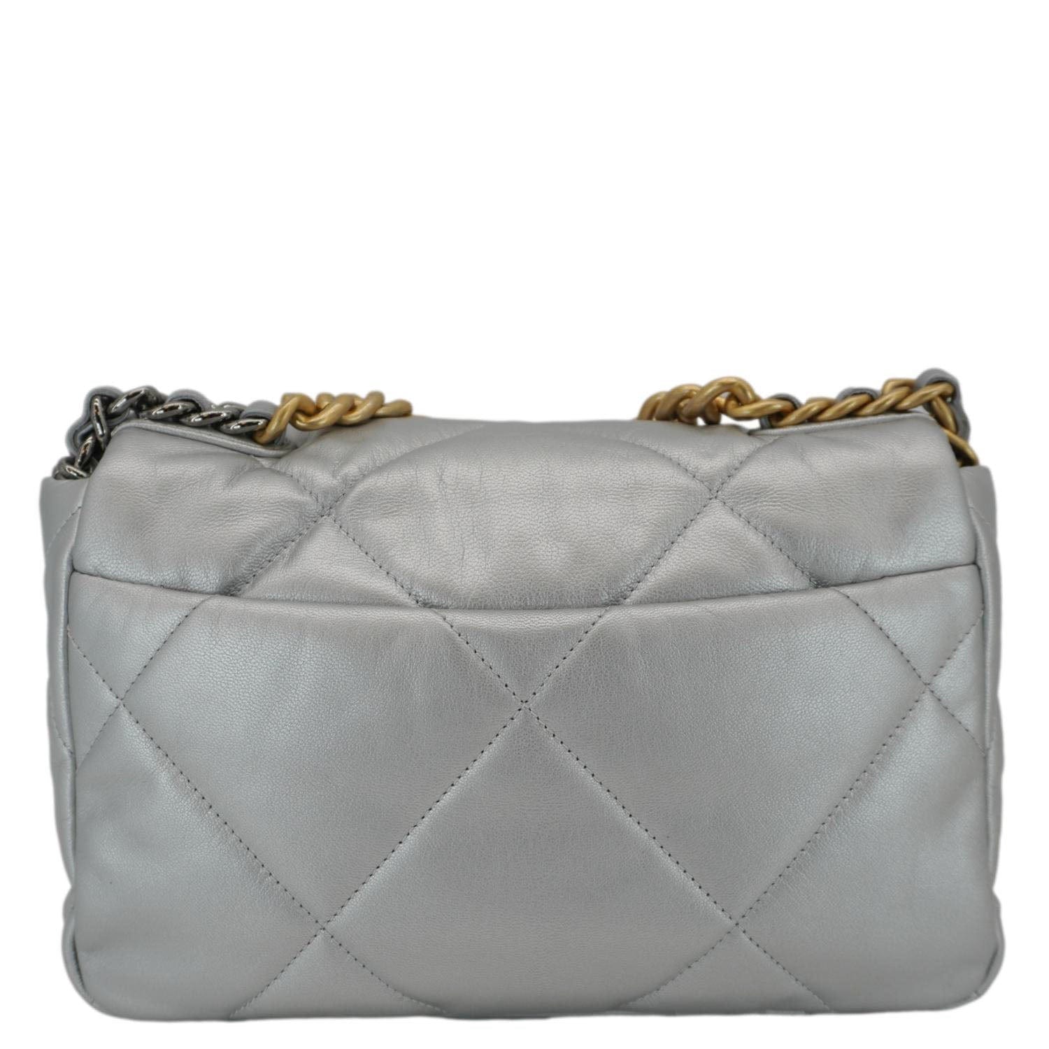 Chanel 19 Medium Flap Quilted Leather Shoulder Bag Metallic Silver