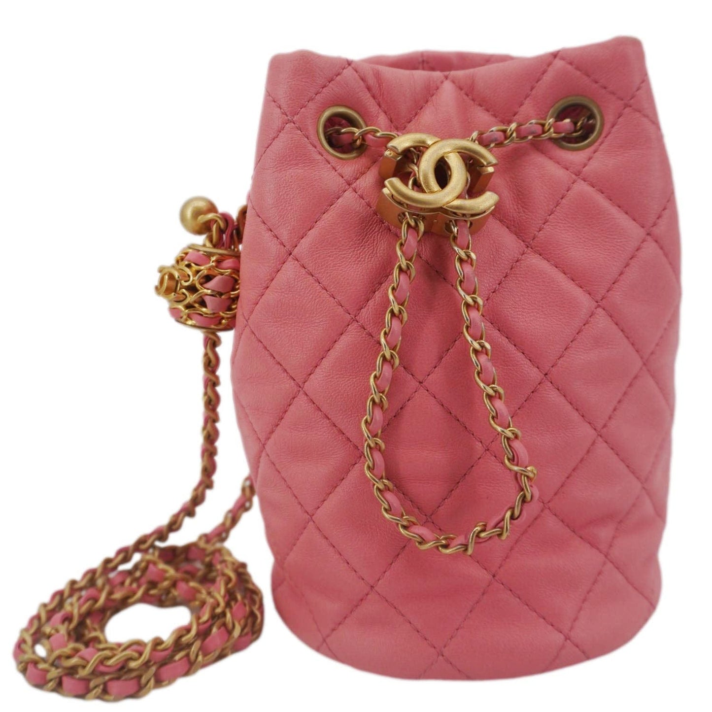Chanel Pearl Crush Quilted Drawstring Bucket Leather Pink Jewelry