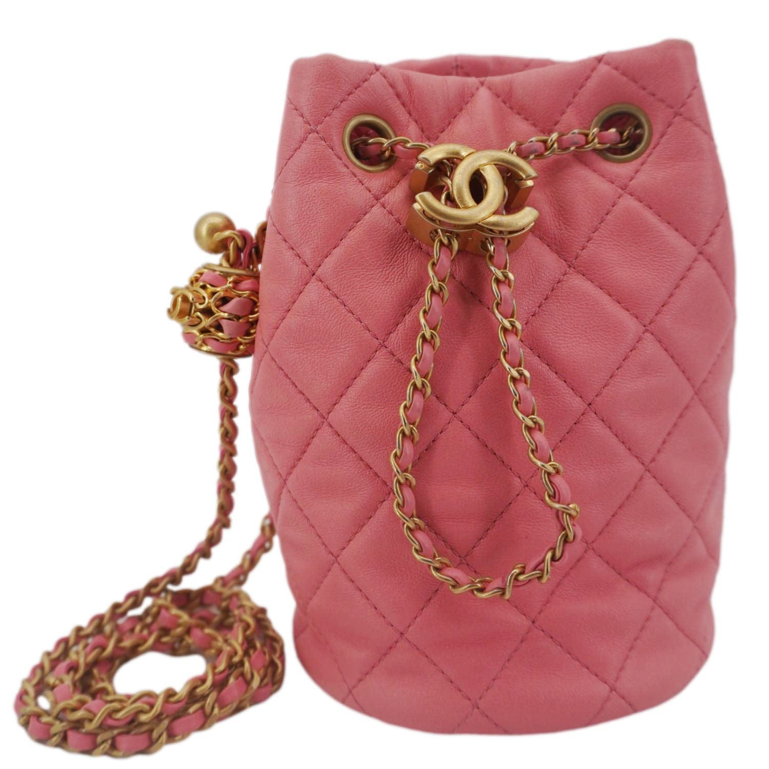 Chanel Pearl Crush Quilted Drawstring Bucket Leather Pink Jewelry