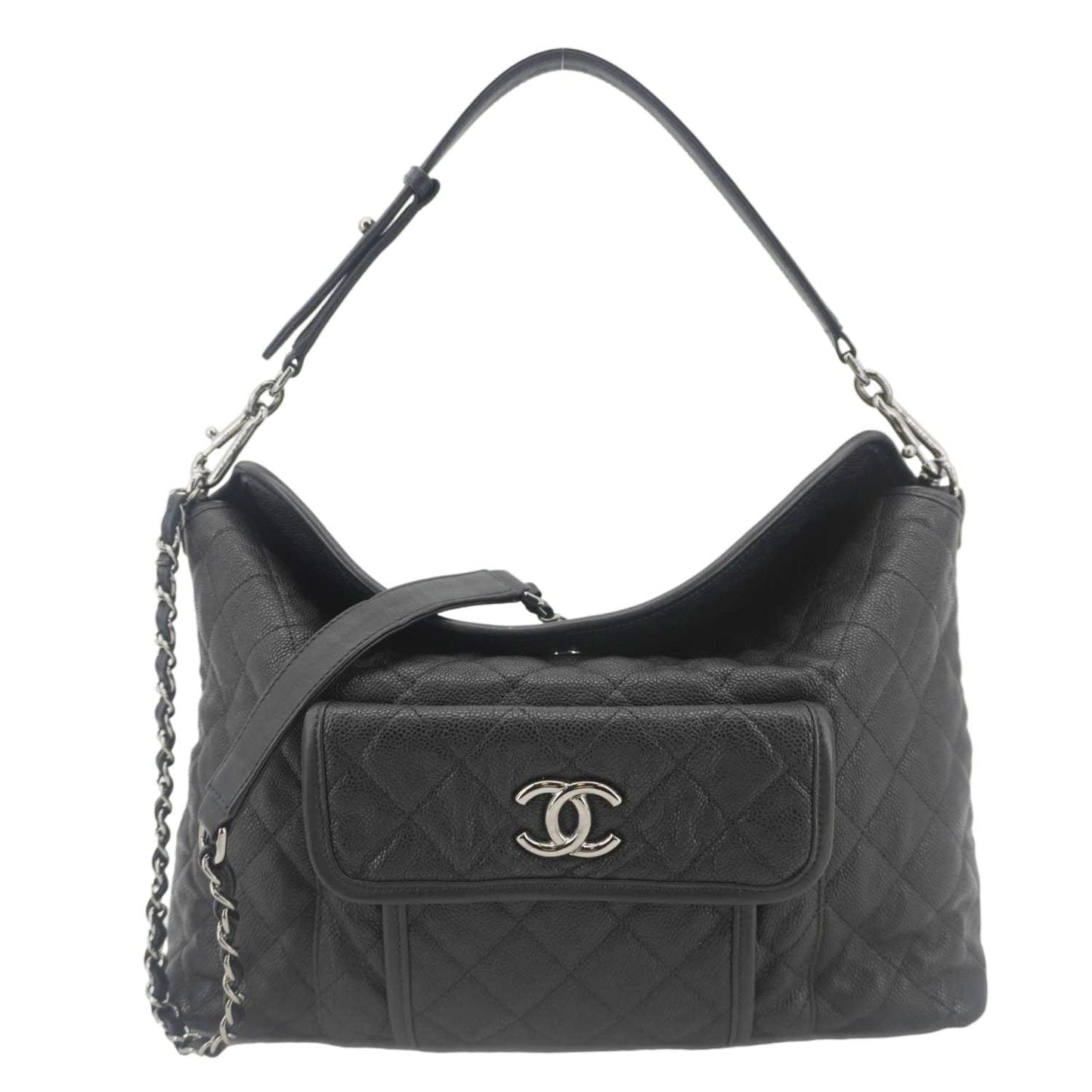 Chanel French Riviera Quilted Caviar Hobo Leather Black Travel Bag