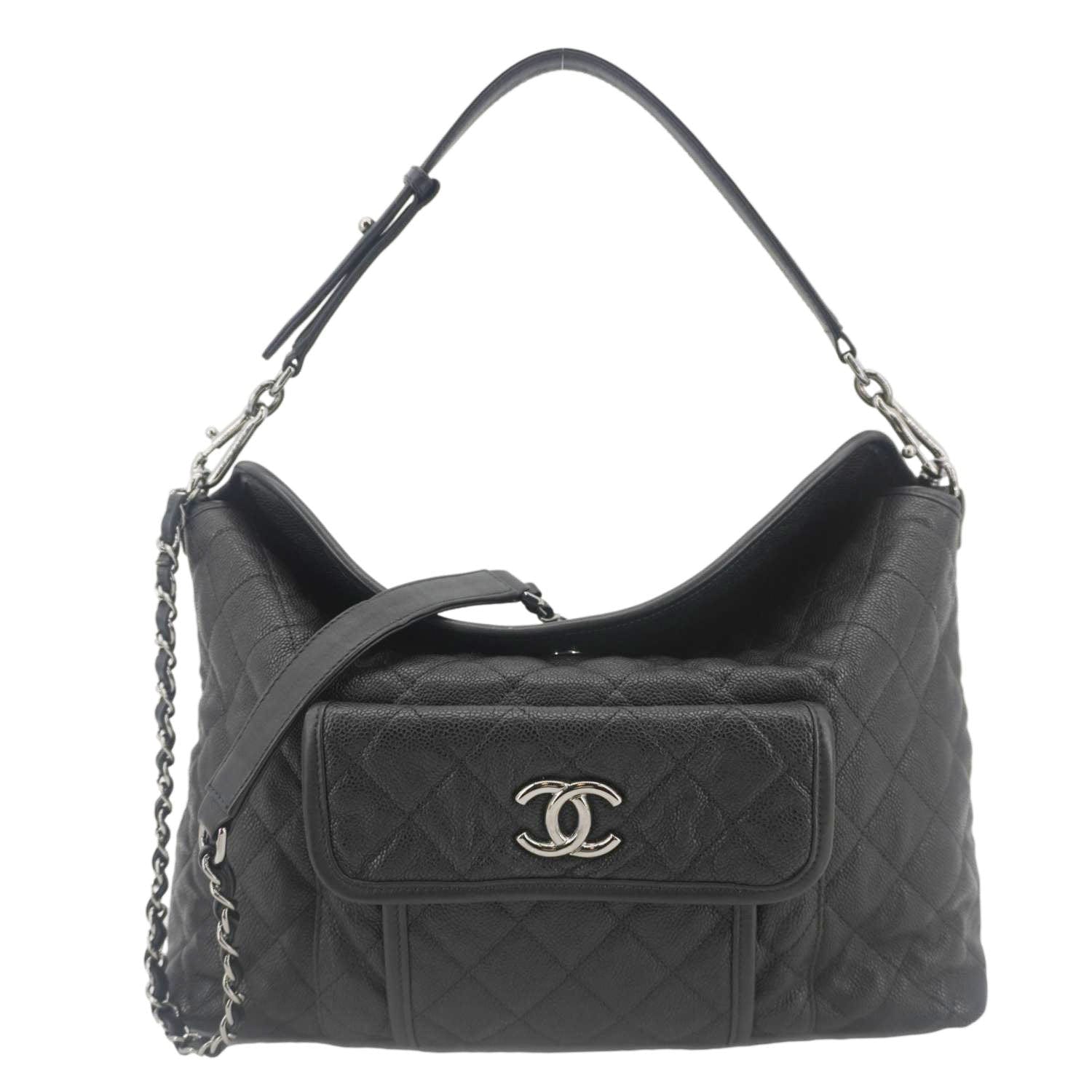 Chanel French Riviera Quilted Caviar Hobo Leather Black Travel Bag