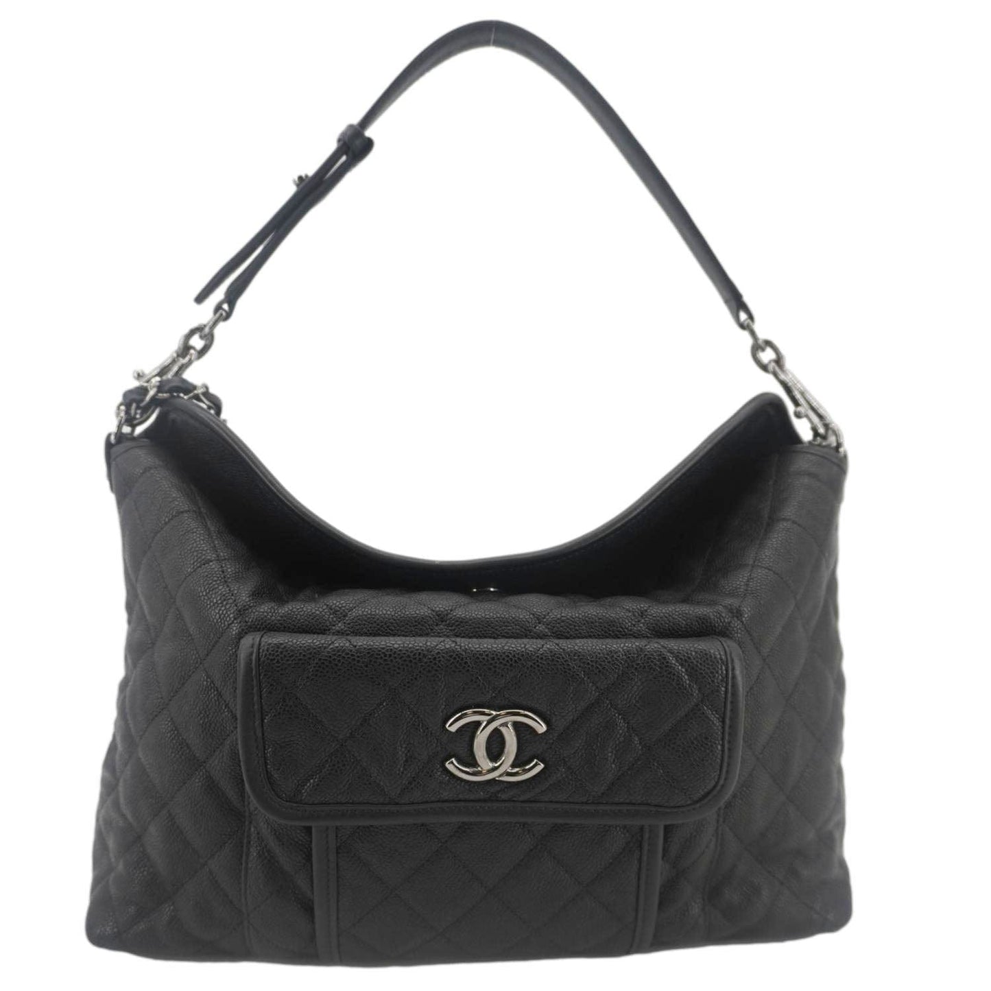 Chanel French Riviera Quilted Caviar Hobo Leather Black Travel Bag