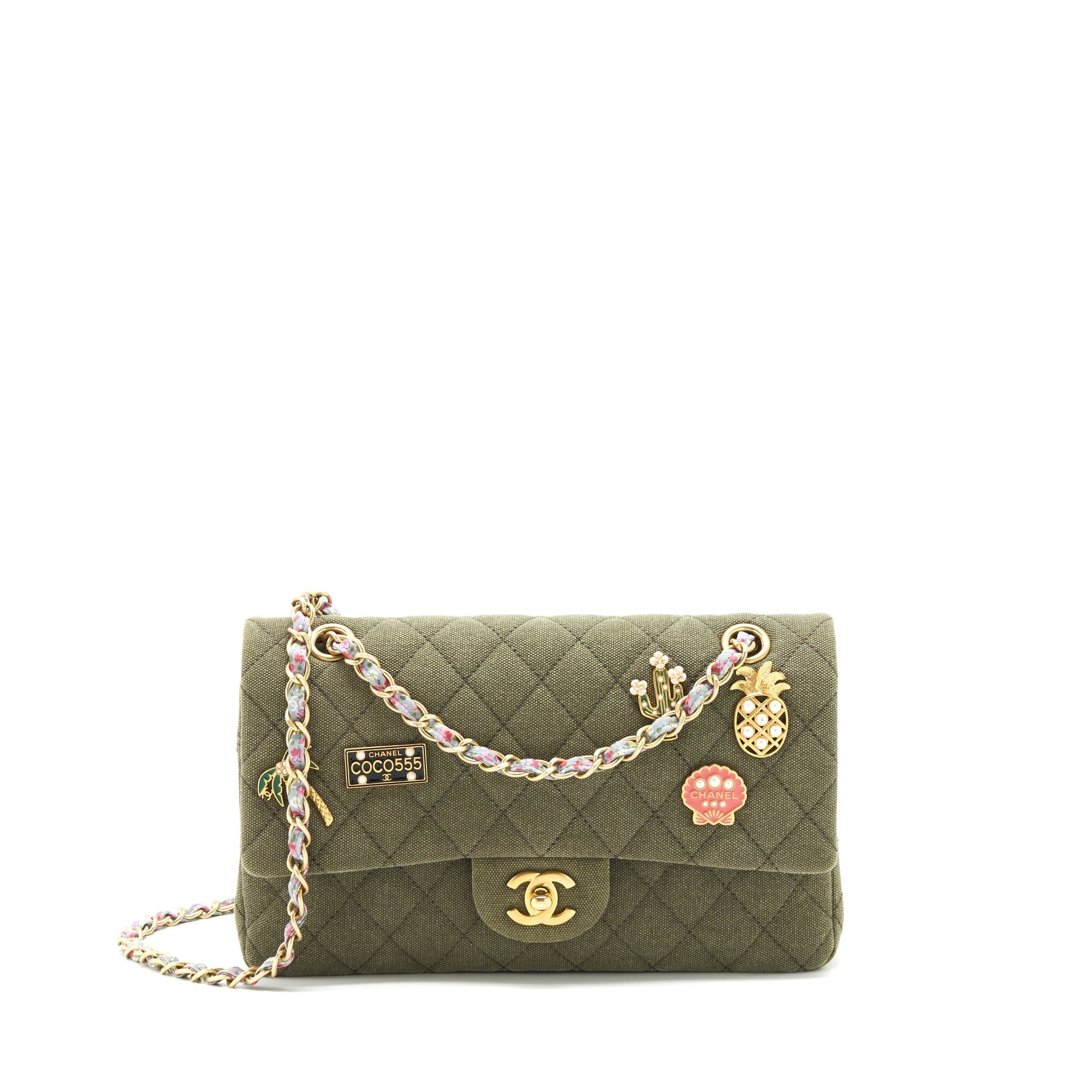 Chanel Cuba Charms classic double flap GHW Green Canvas Key Chain Green Ghw