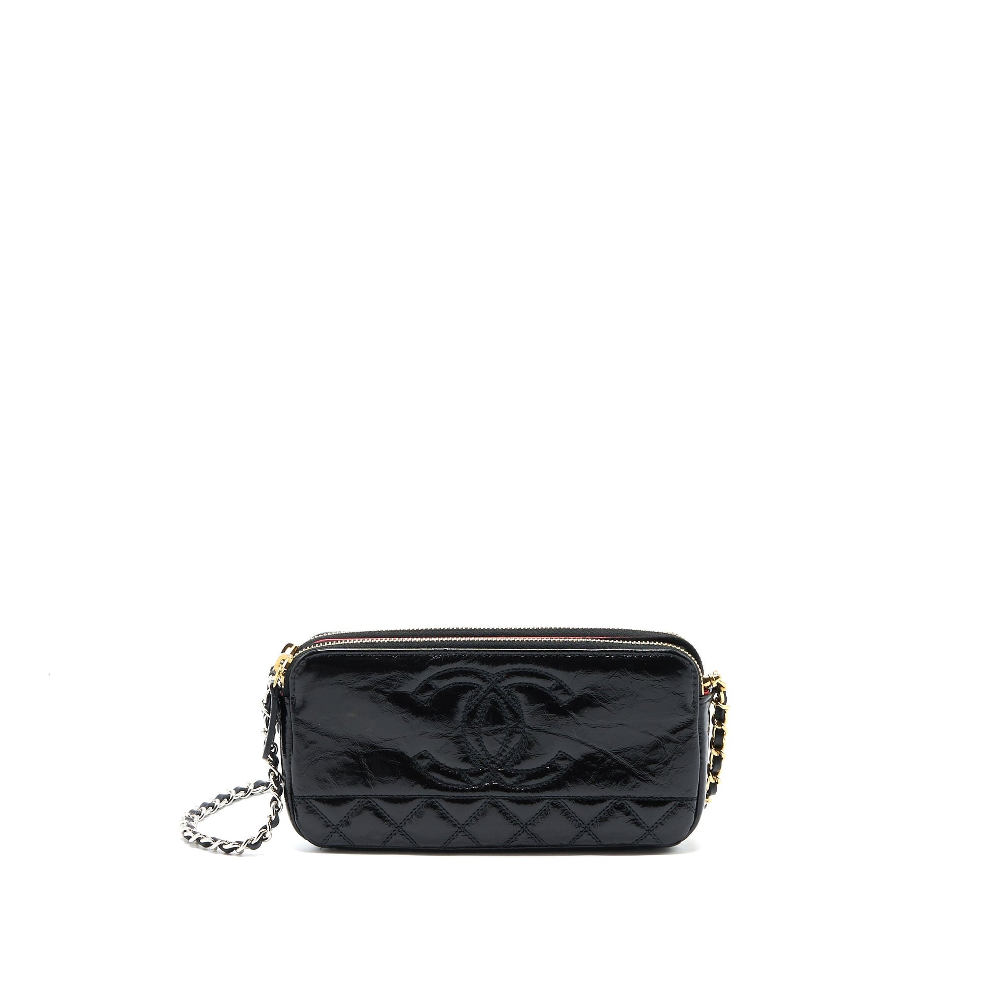 Chanel Double Zip On Aged Calfskin Hardware Multicolour Black Wallet Case