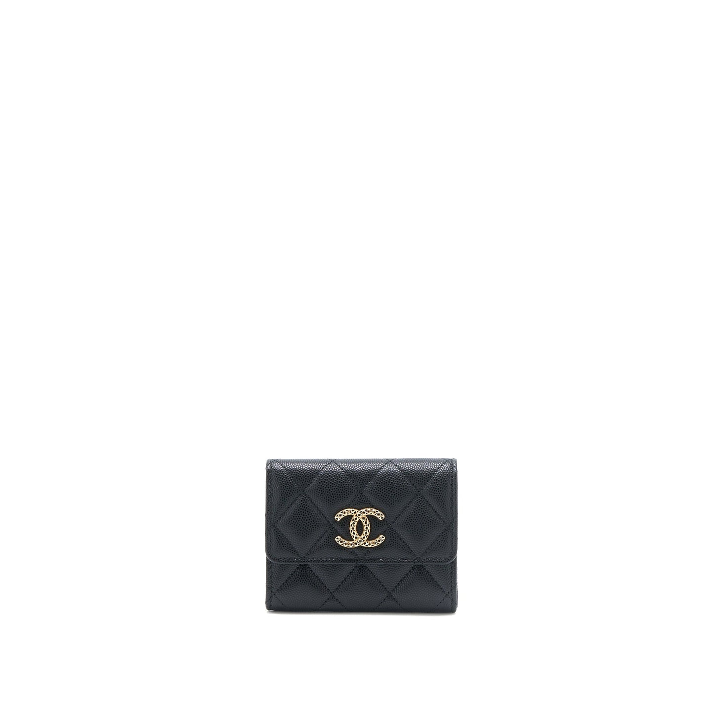 Chanel 23P Detail Logo Flap Card Holder Black Wallet Case