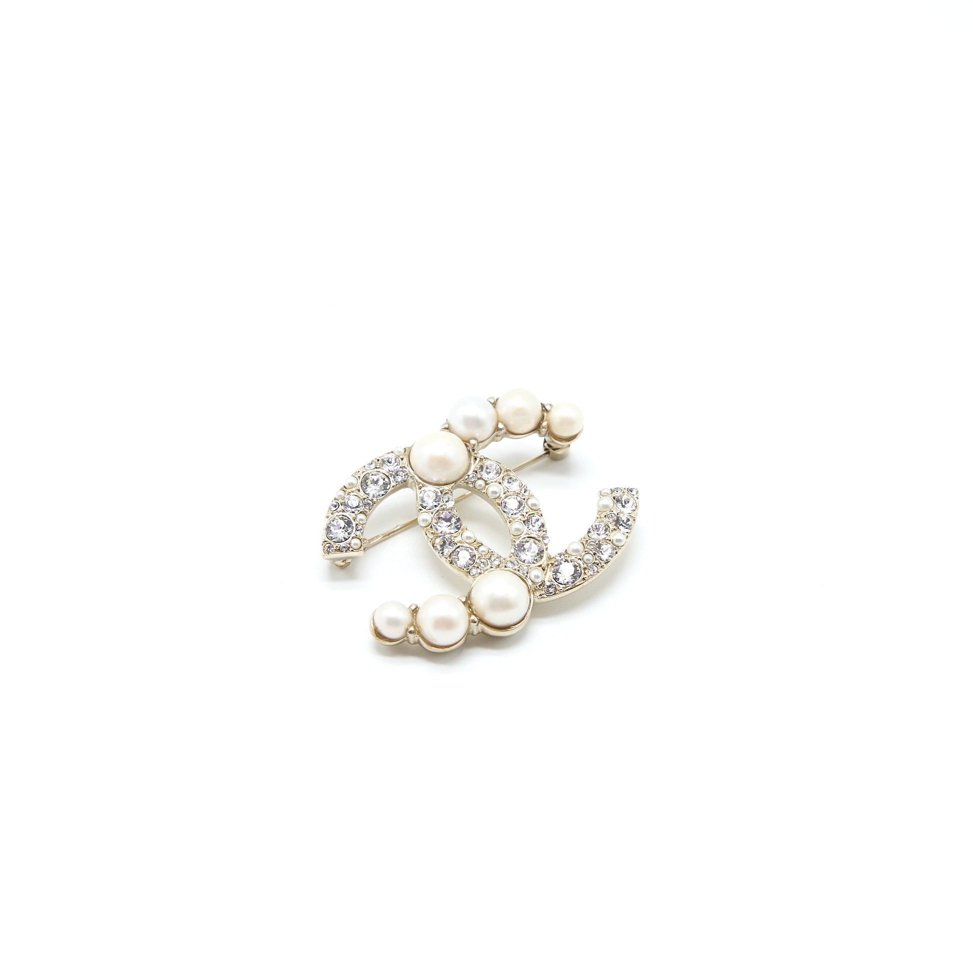 Chanel CC Logo Brooch Crystal Pearl Light Gold Handbag