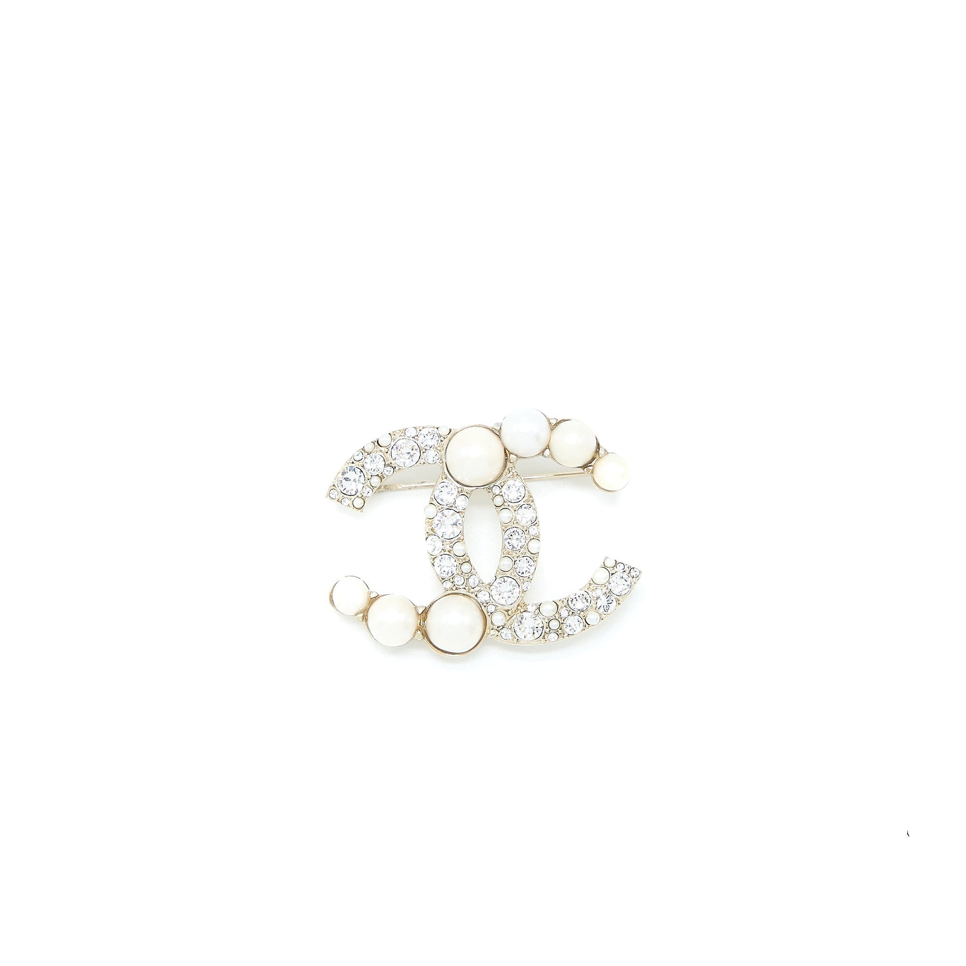 Chanel CC Logo Brooch Crystal Pearl Light Gold Handbag