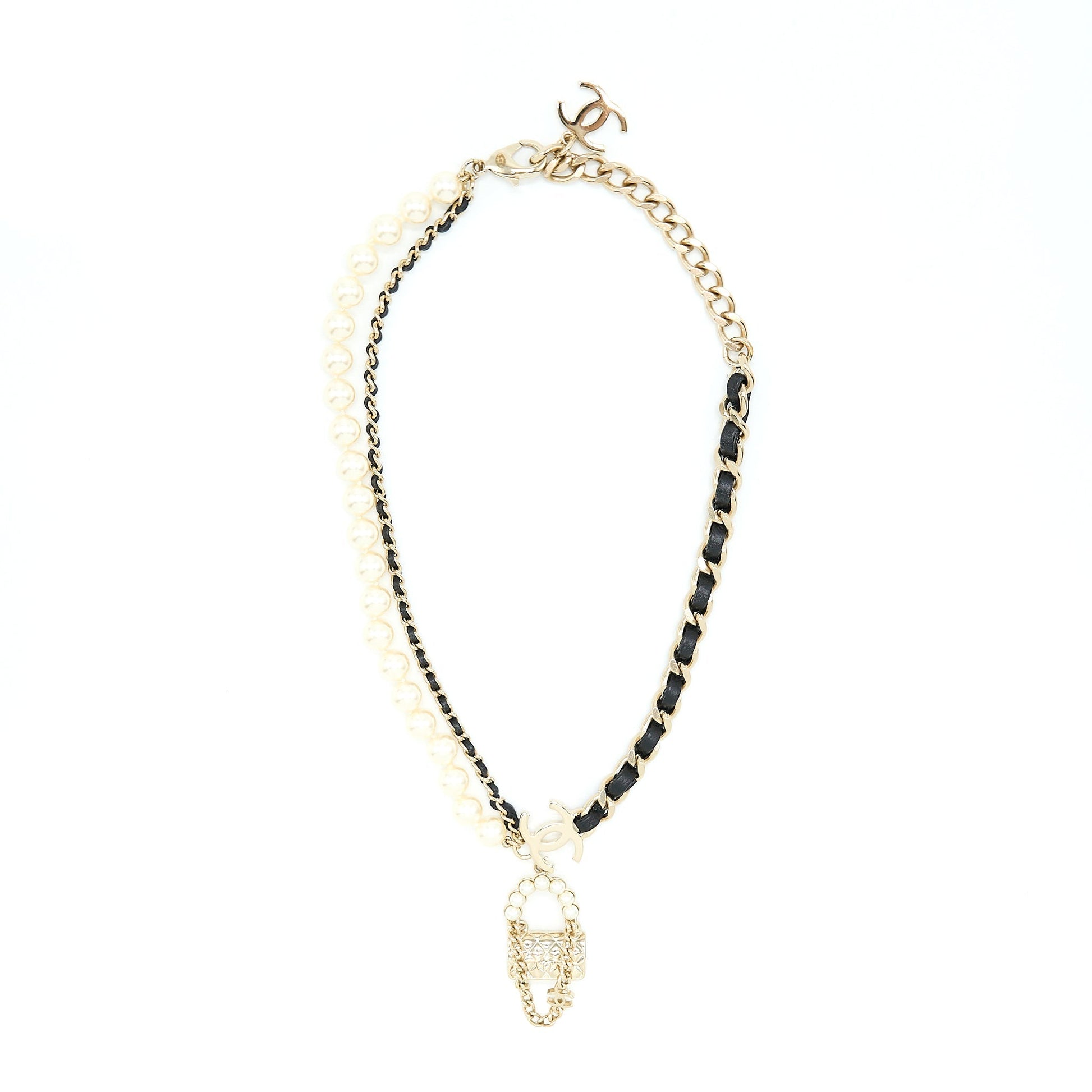 Chanel Pearl Charm Choker Light Tone Gold Key Chain
