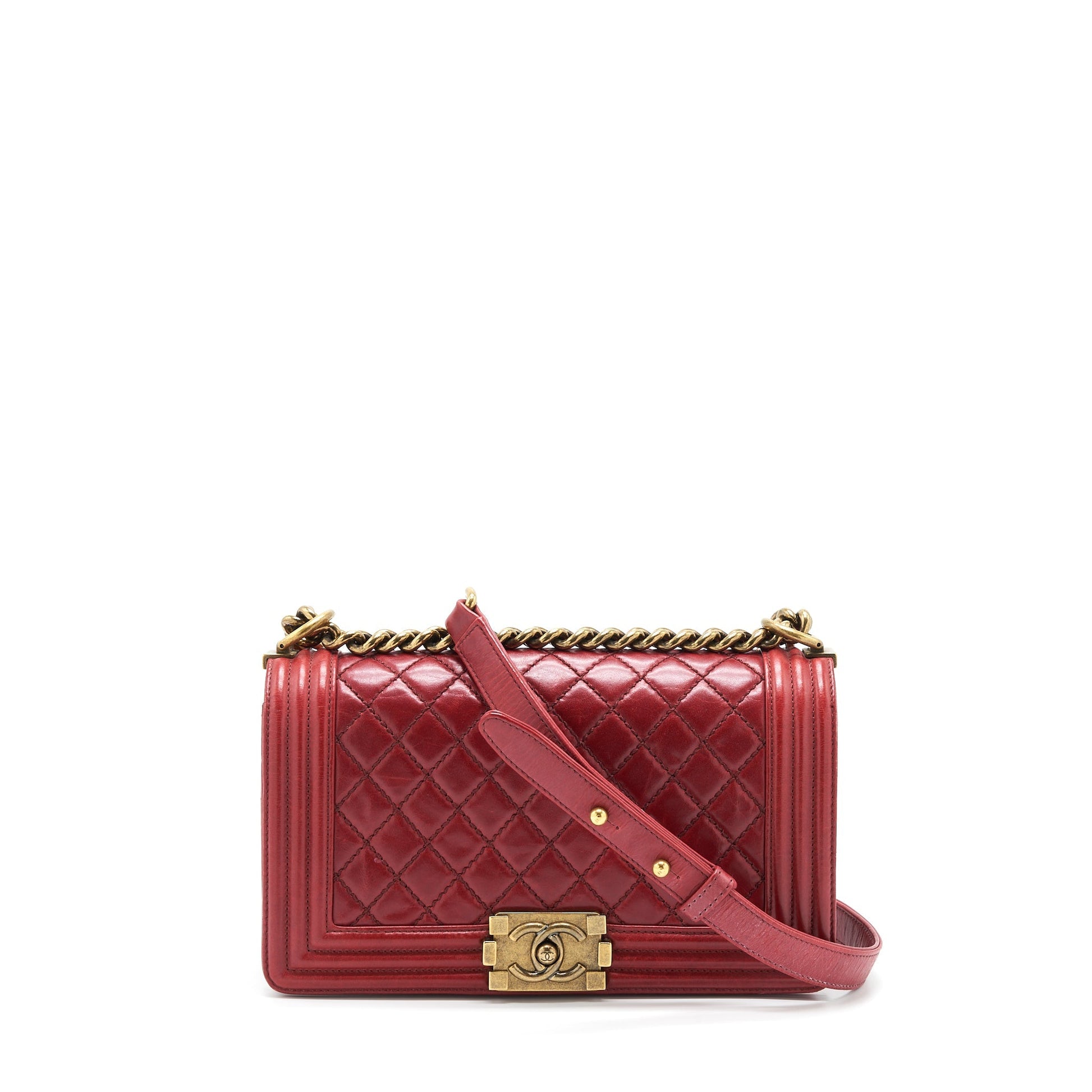 Chanel Boy Aged Calfskin Ruthenium GHW Red Handbag