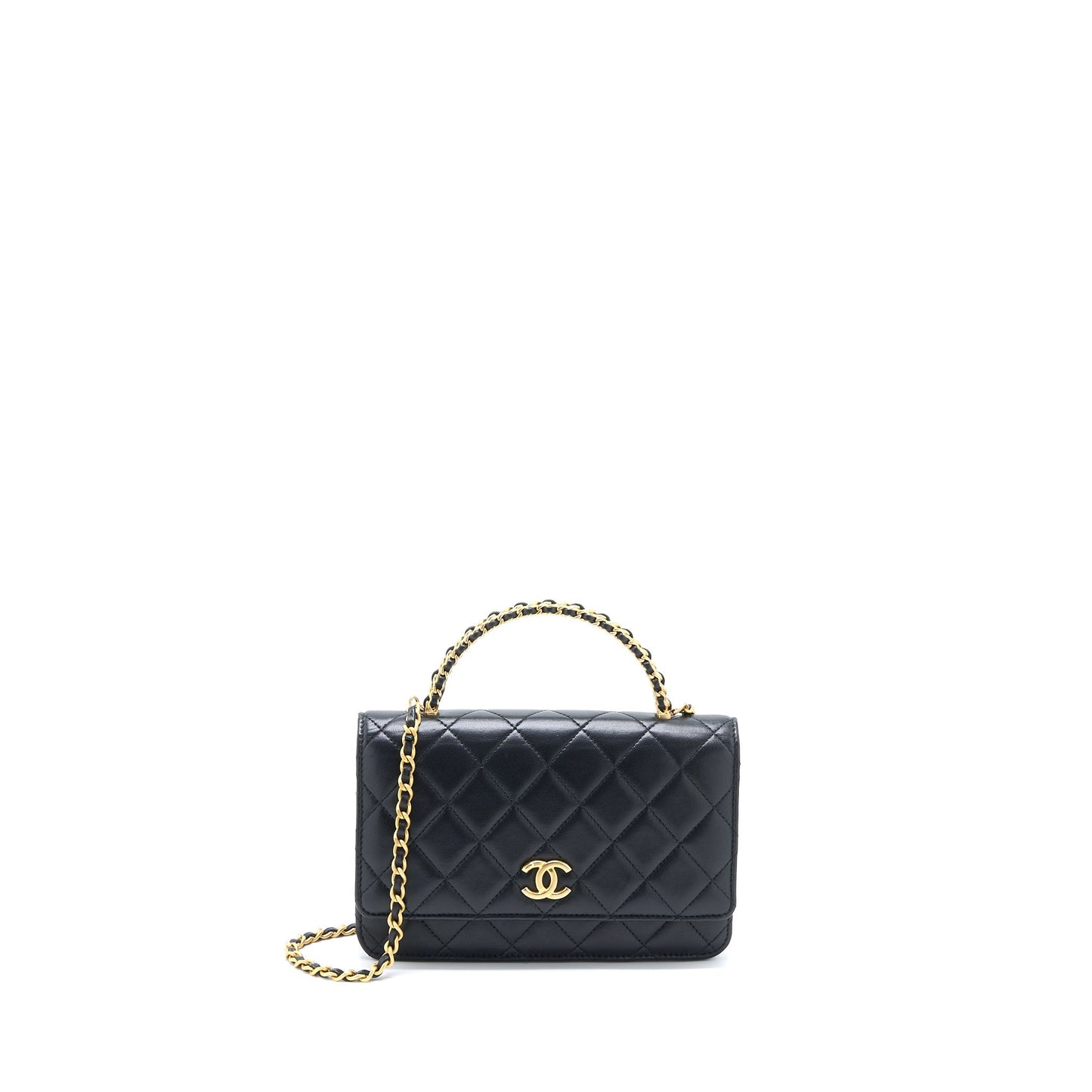 Chanel Detailed Top Handle on Lambskin Brushed Black Wallet Case