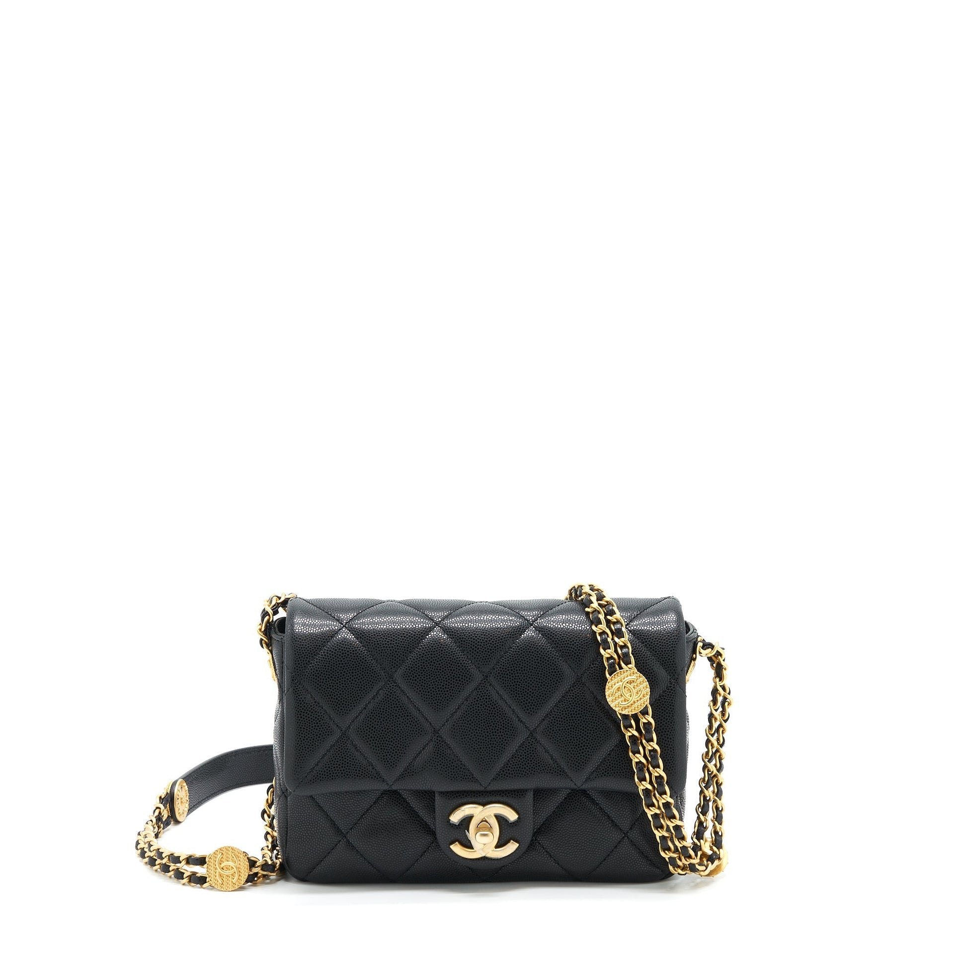 Chanel 22A Flap Button On Chains Caviar Black Small Shoulder Bag