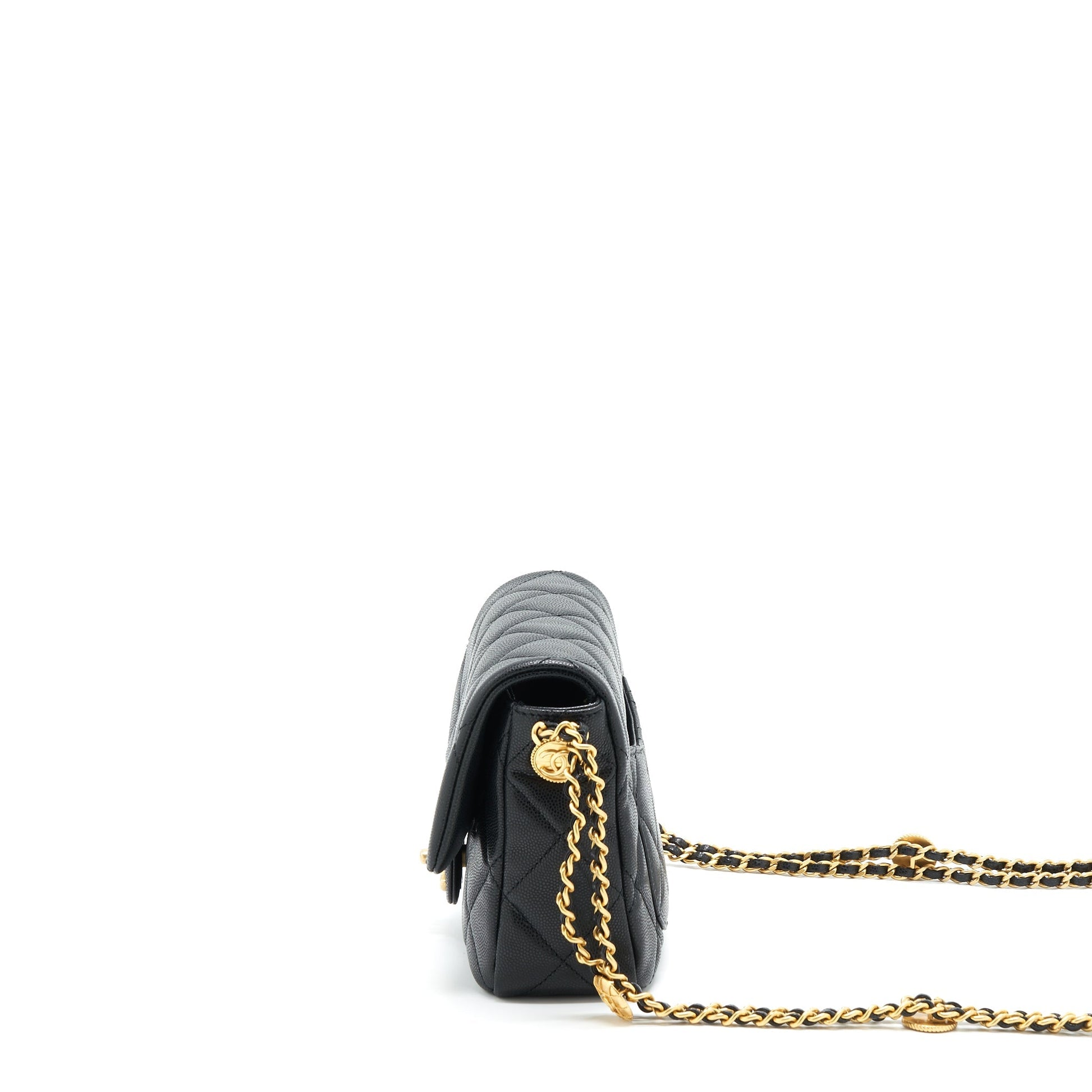 Chanel 22A Flap Button On Chains Caviar Black Small Shoulder Bag