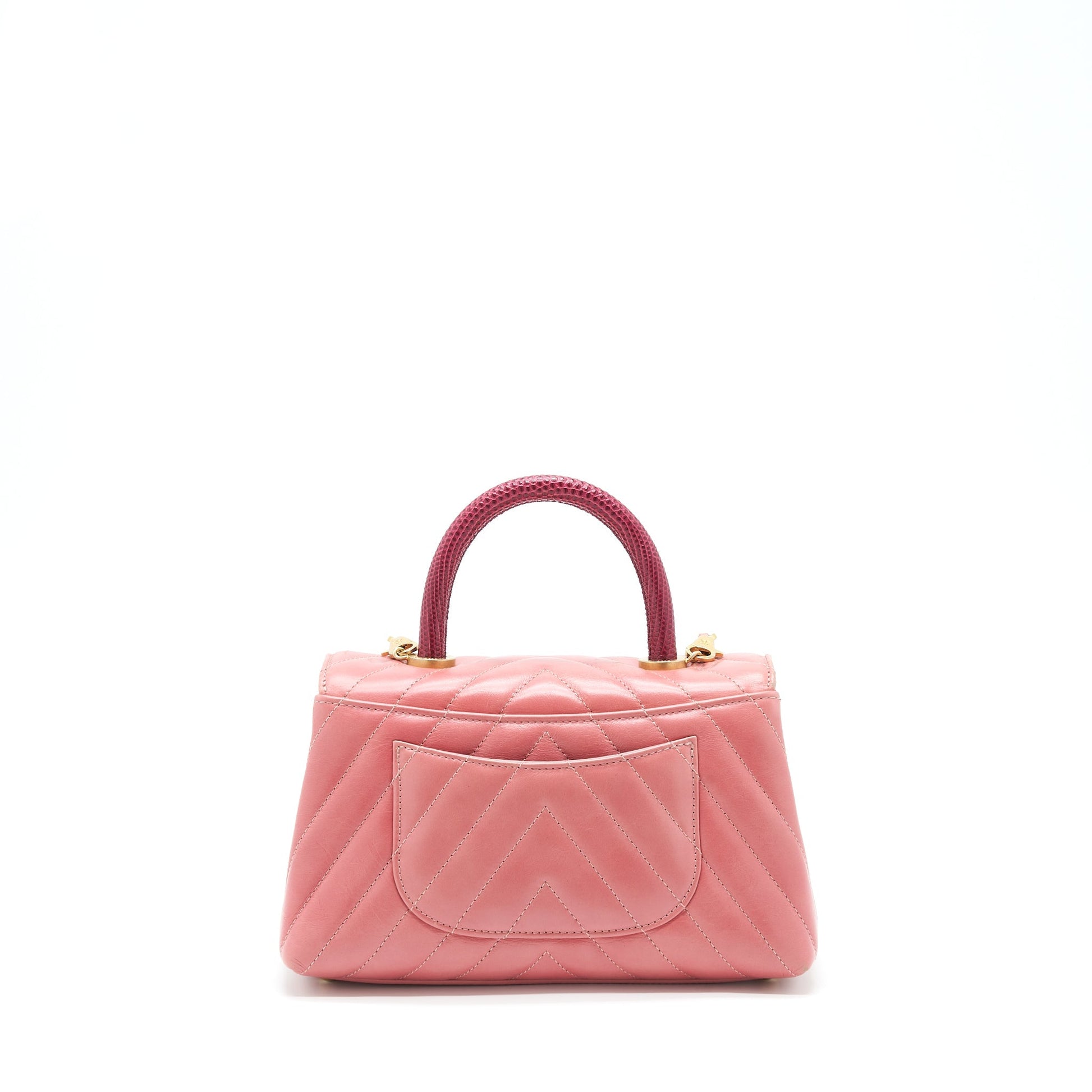 Chanel Coco Handle Chevron Calfskin Lizard Handle Pink Small Handbag Ghw 1