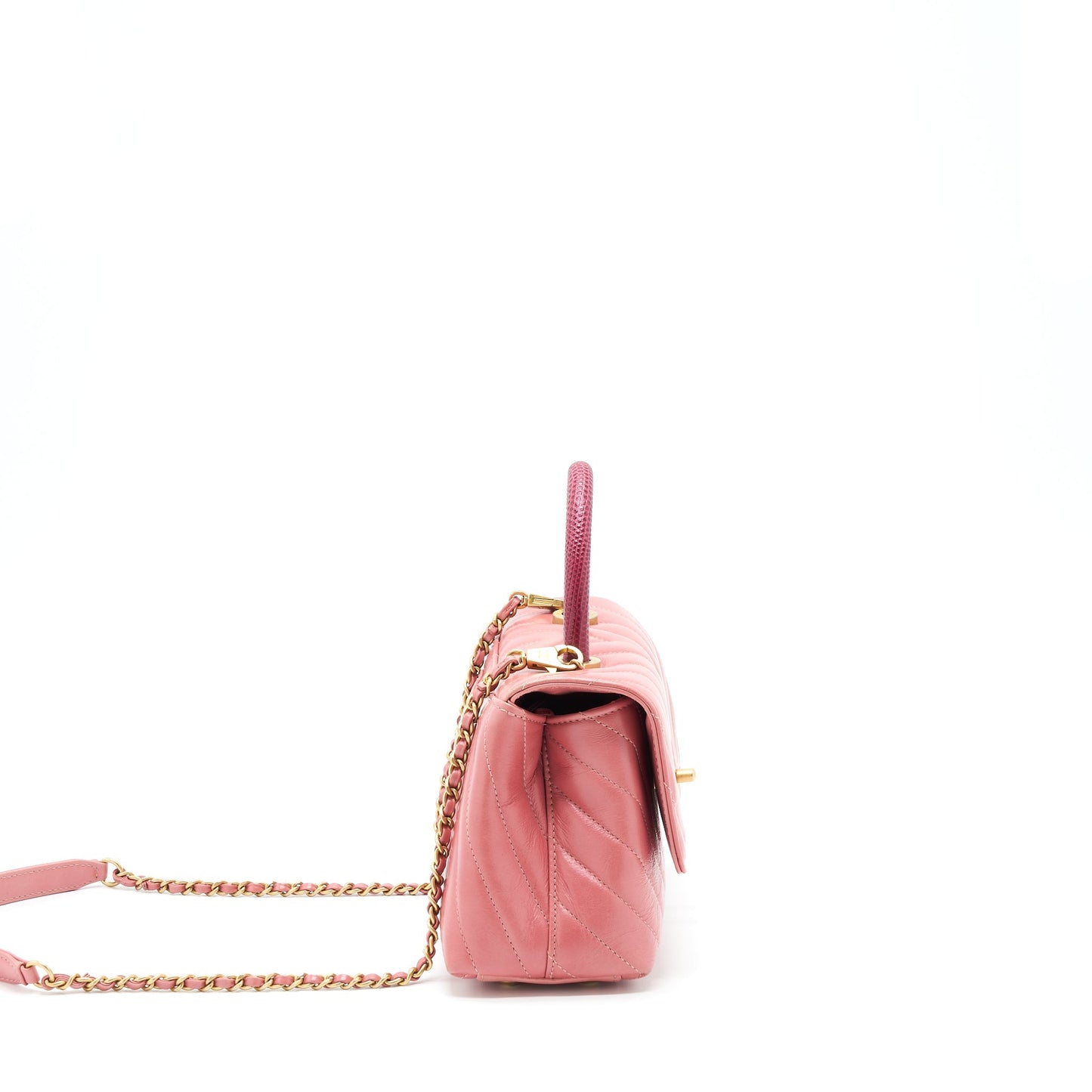 Chanel Coco Handle Chevron Calfskin Lizard Handle Pink Small Handbag Ghw 1