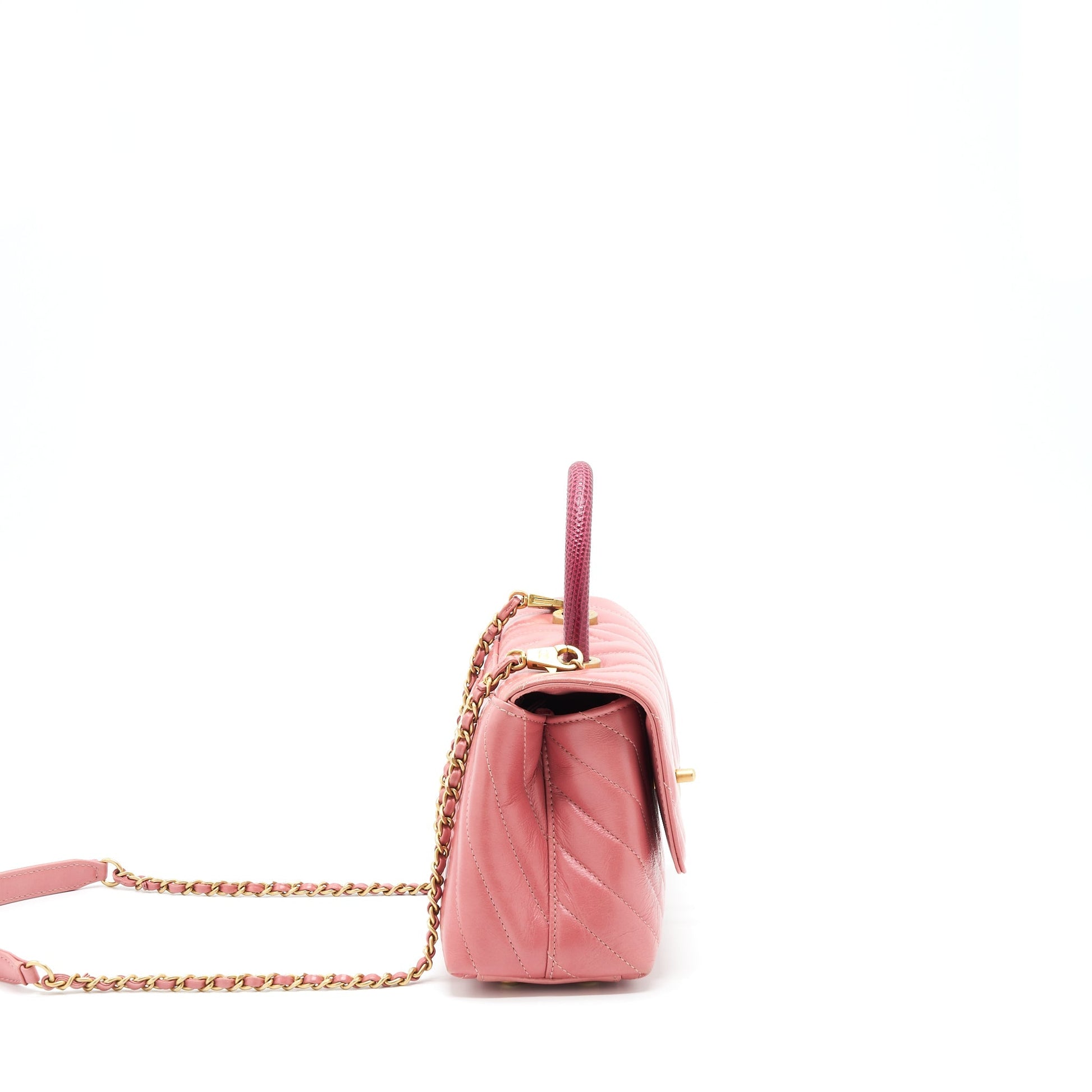 Chanel Coco Handle Chevron Calfskin Lizard Handle Pink Small Handbag Ghw 1