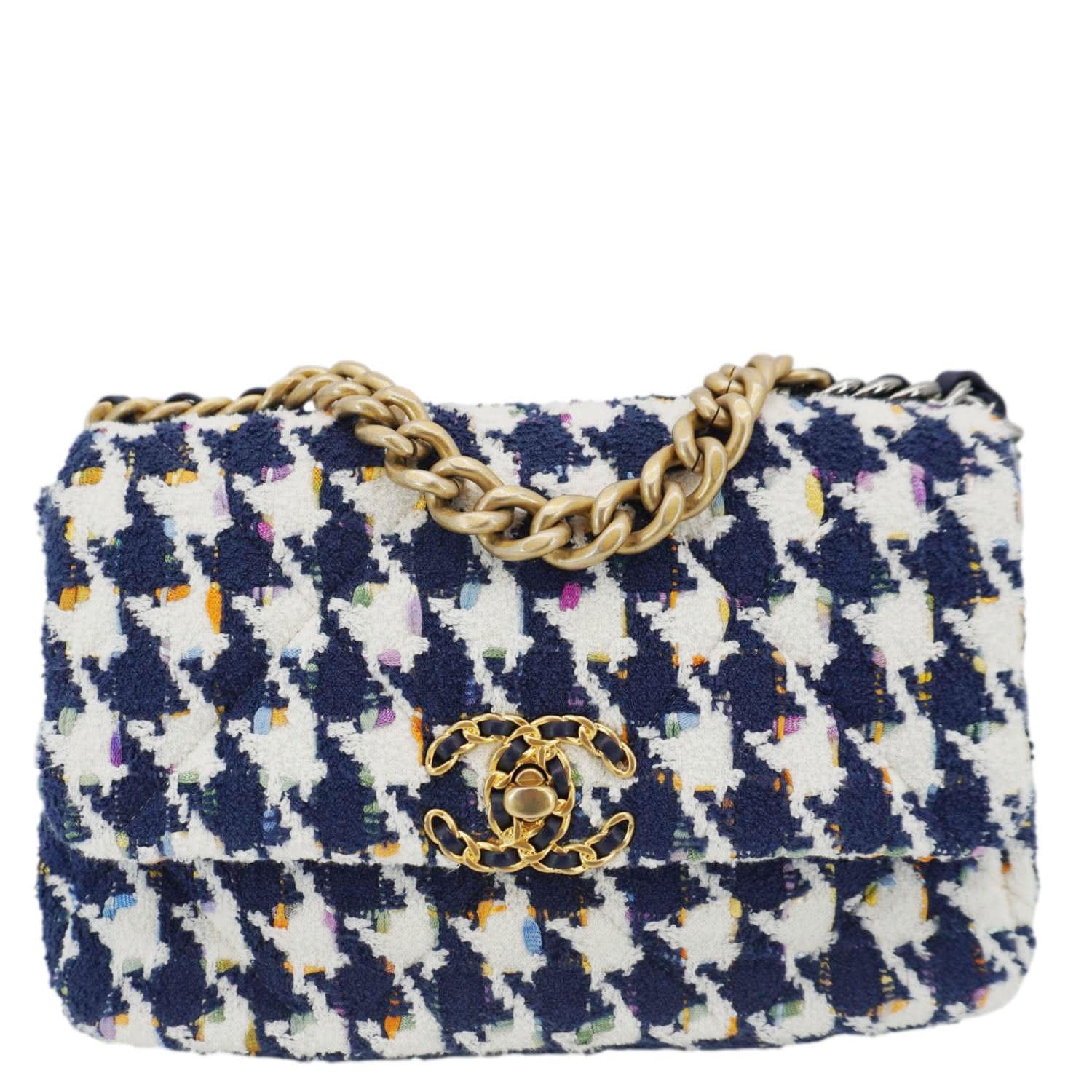 Chanel 19 Flap Medium Quilted Tweed Hobo Bag Navy Blue