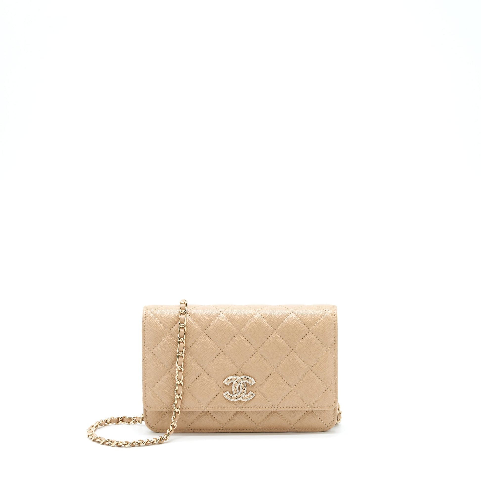 Chanel 22S detailed Logo on Caviar Dark Beige Wallet Case