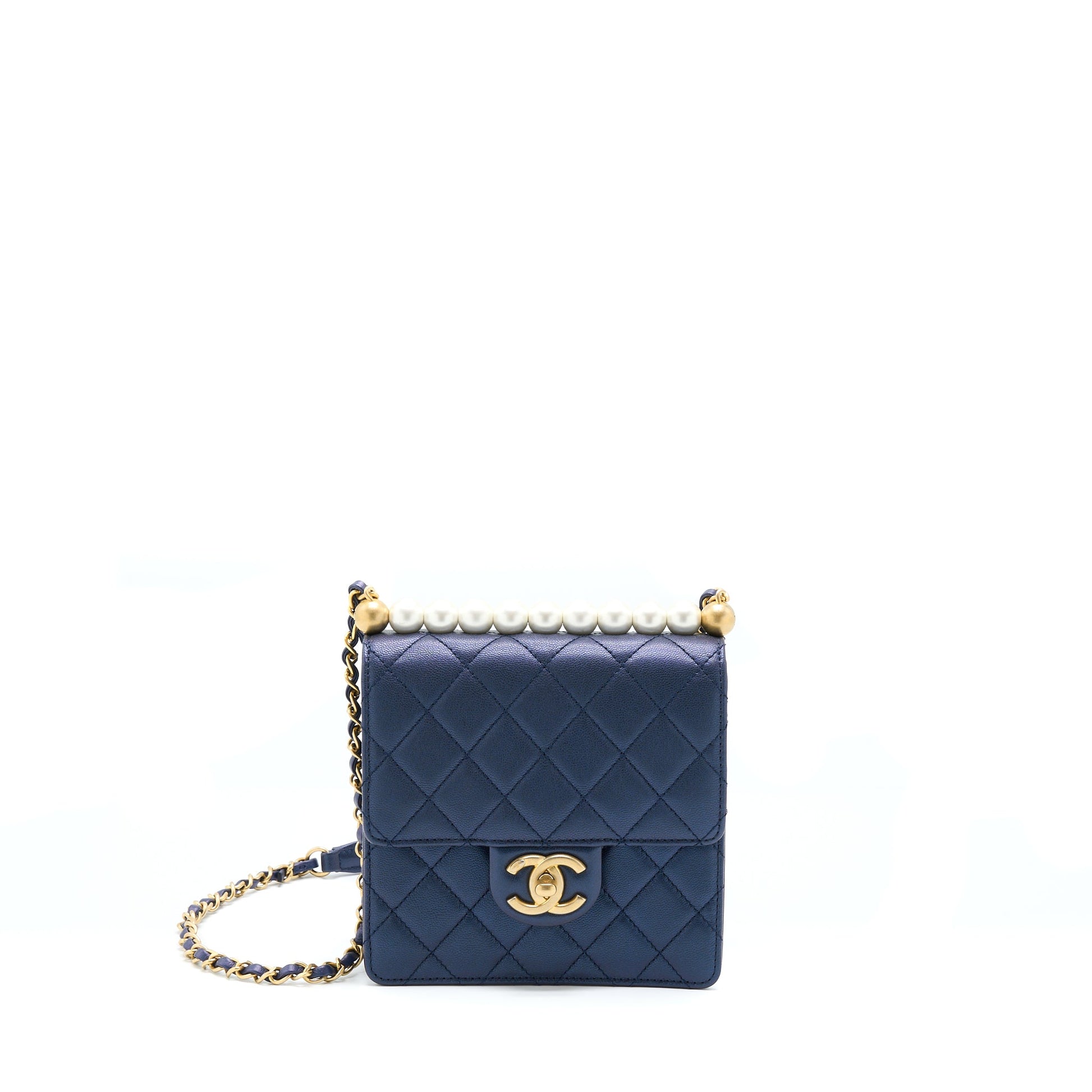 Chanel Vertical Pearl Flap Lambskin Dark GHW Blue Shoulder Bag
