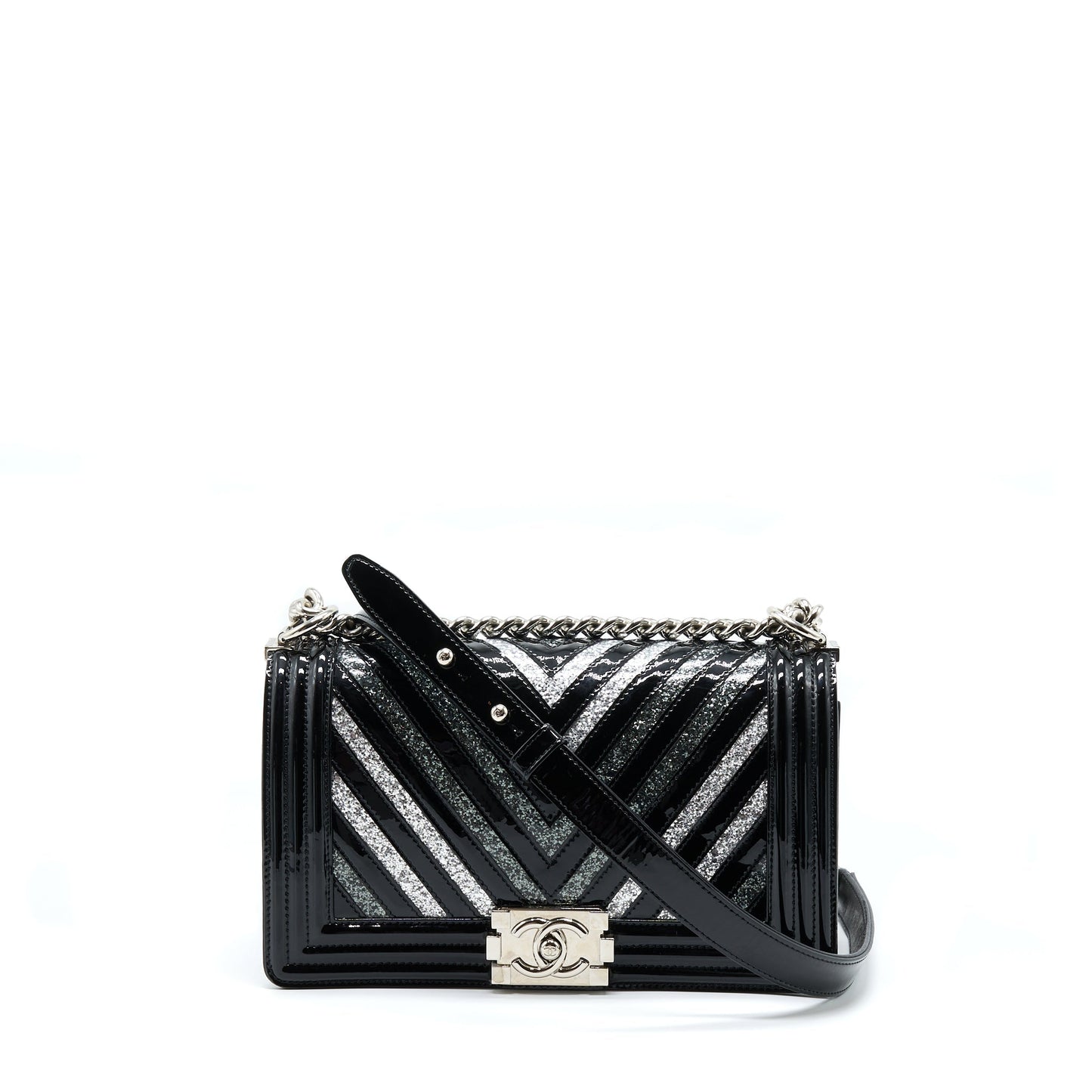 Chanel Boy Chevron Limited Patent SHW Black Handbag